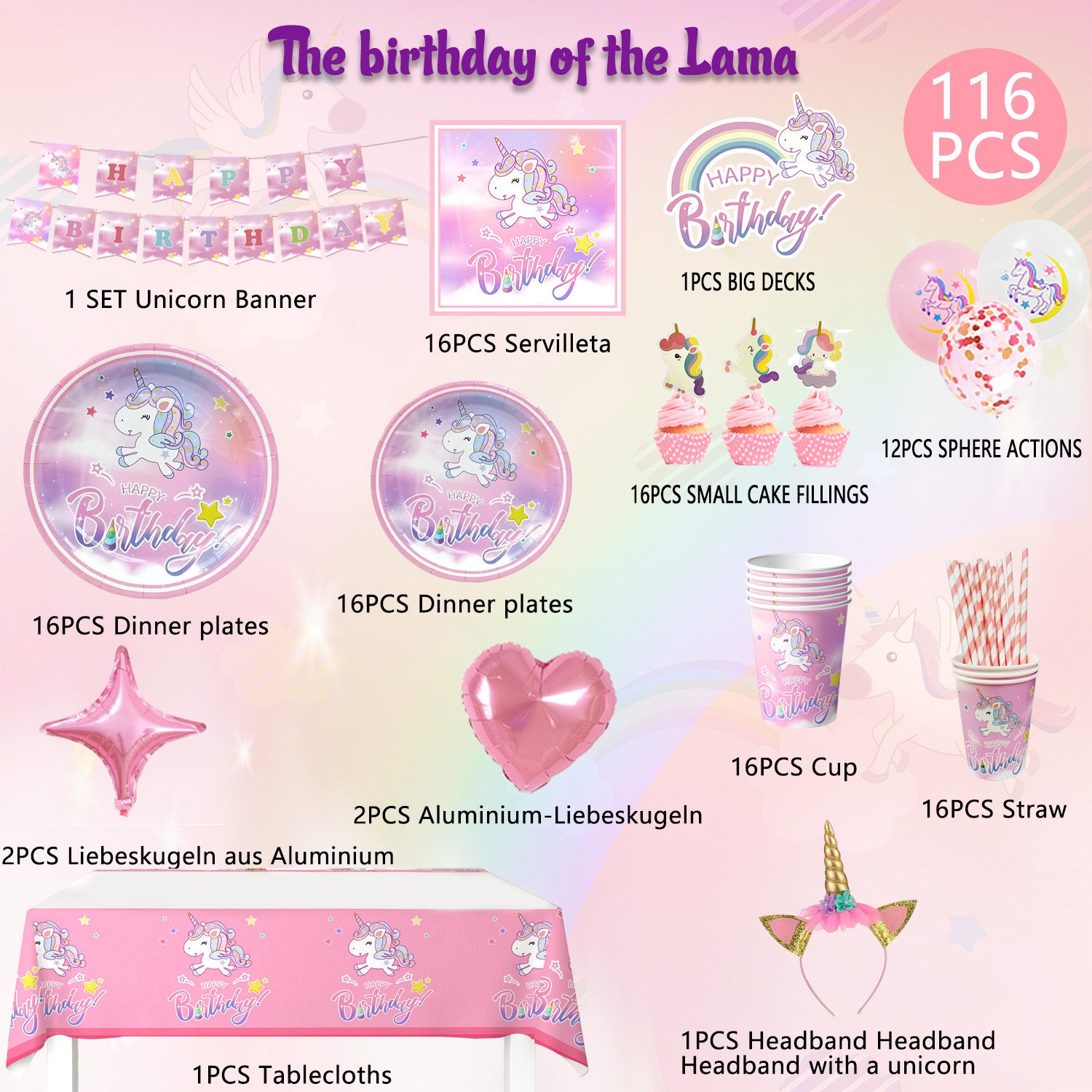 Unicorn Birthday Party  Decoration Supplies, 16 Guests Unicorn Party Tableware Set, Unicorn Paper Plates Napkins Table Cloth Balloon Banner Headband etc