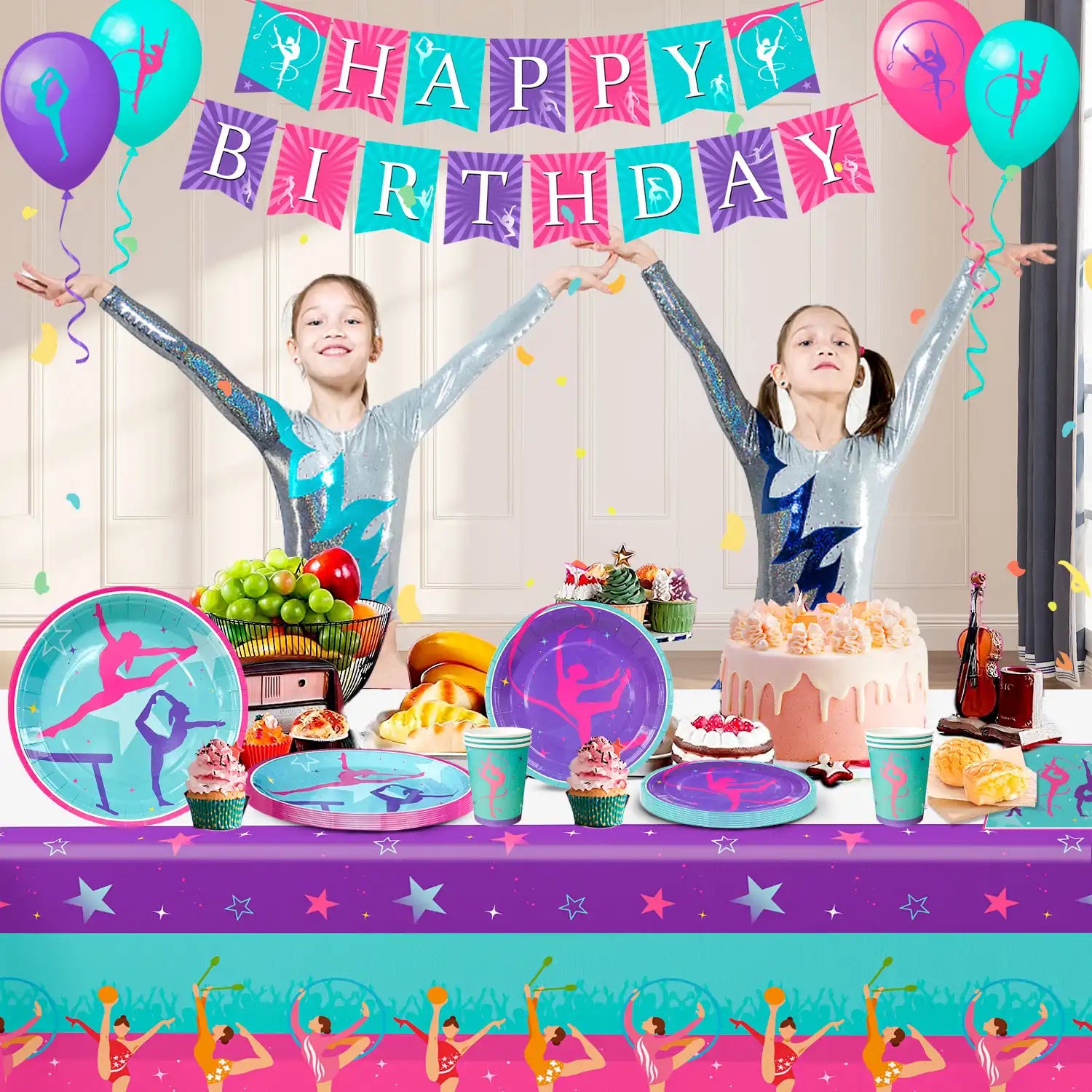 Gymnastics Birthday Party Supplies, 16 Guests Gymnastics Party Decorations&Tableware Kit - Gymnastics Plates and Napkins Cups Tablecloth Balloons Banner etc Gymnastics Decorations for Birthday Party