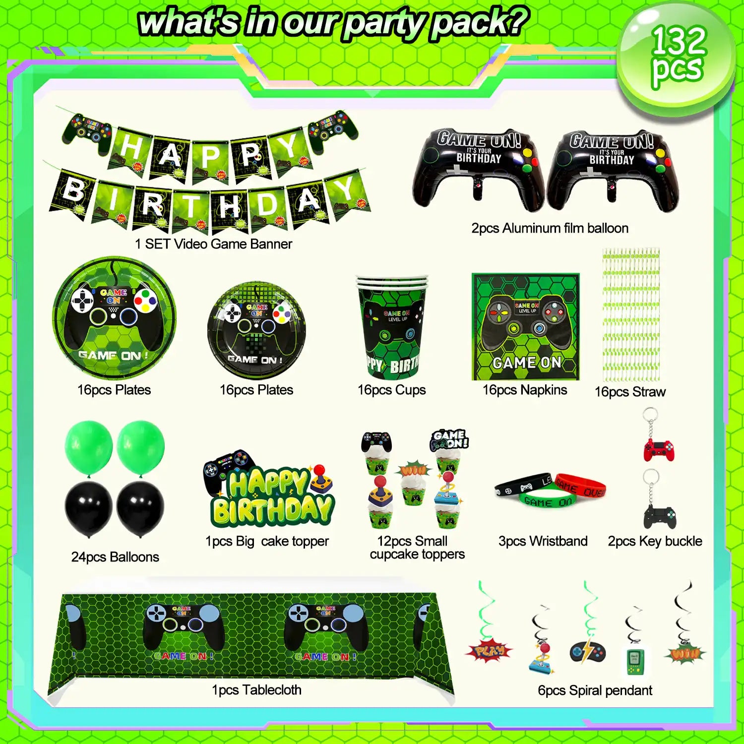 Gaming Birthday Party Supplies for Boys,132pcs Video Game Party Decorations&Tableware Set - Gaming Decorations Plates Cups Tablecloth Balloons Banner Cake Topper etc Game On Birthday Party Supplies