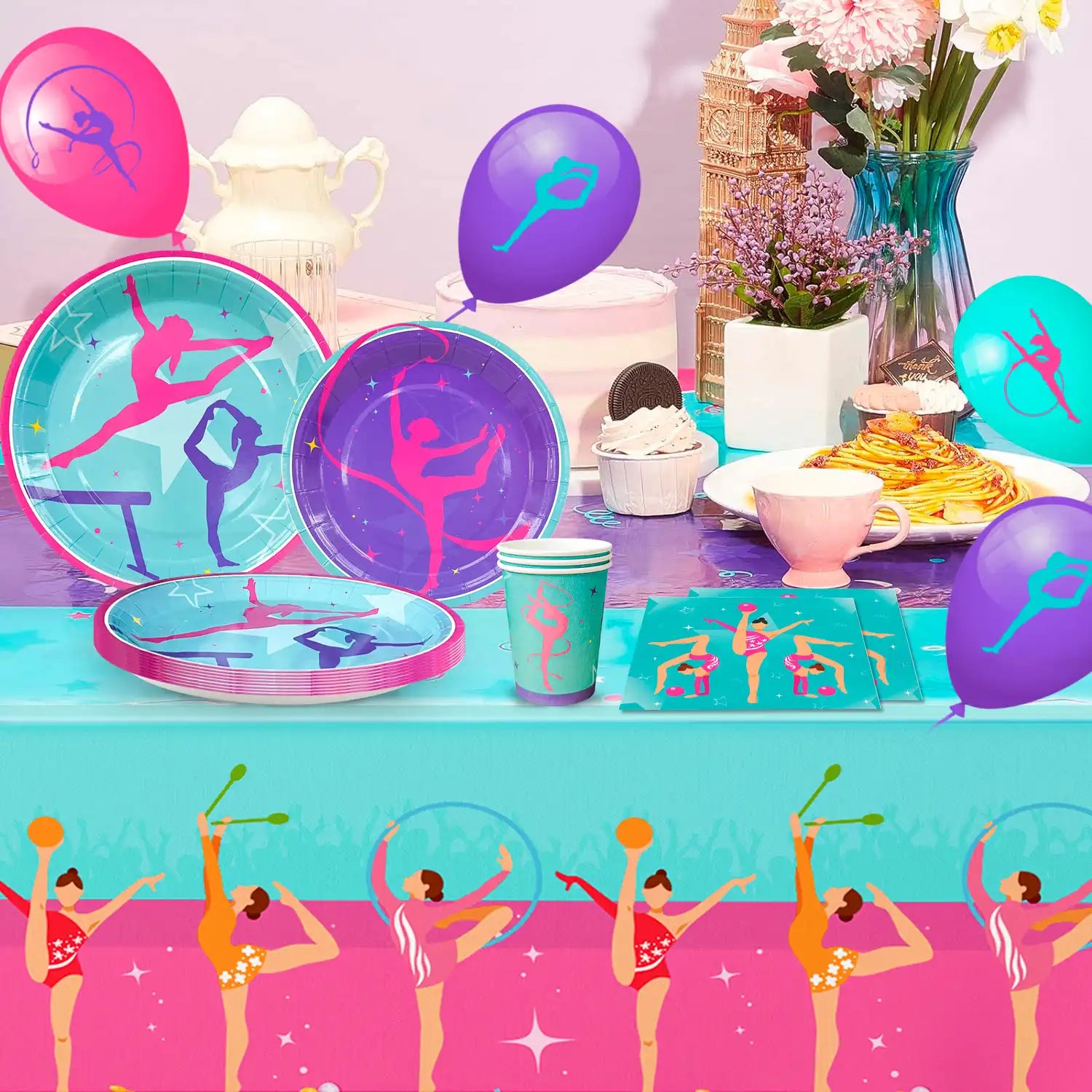Gymnastics Birthday Party Supplies, 16 Guests Gymnastics Party Decorations&Tableware Kit - Gymnastics Plates and Napkins Cups Tablecloth Balloons Banner etc Gymnastics Decorations for Birthday Party