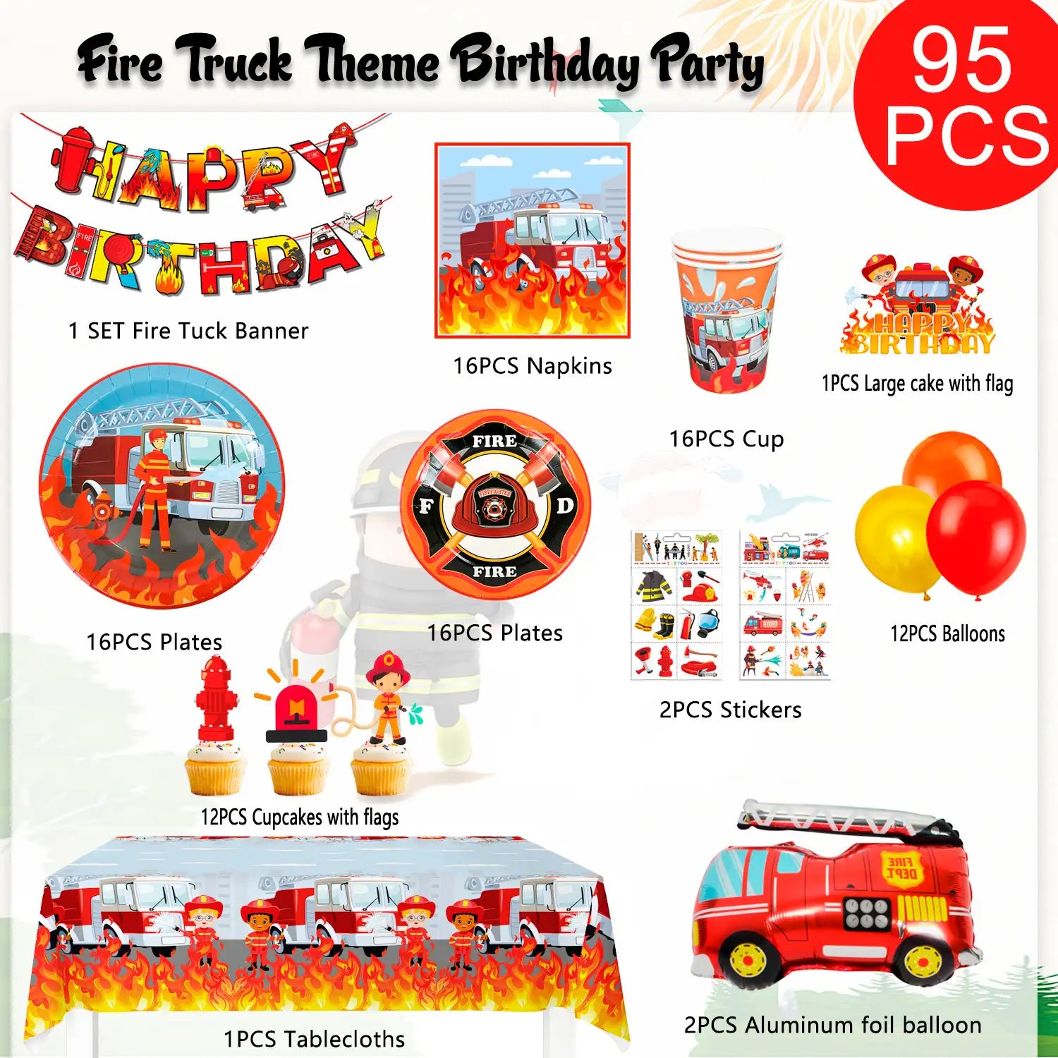 Fire Truck Birthday Party Supplies, 16 Guests Fire Truck Birthday Party Decorations for Boys - Fireman Happy Birthday Banner, Fire Truck Tablecloth Plates Cups Napkins ect Fire Truck Theme Birthday Party