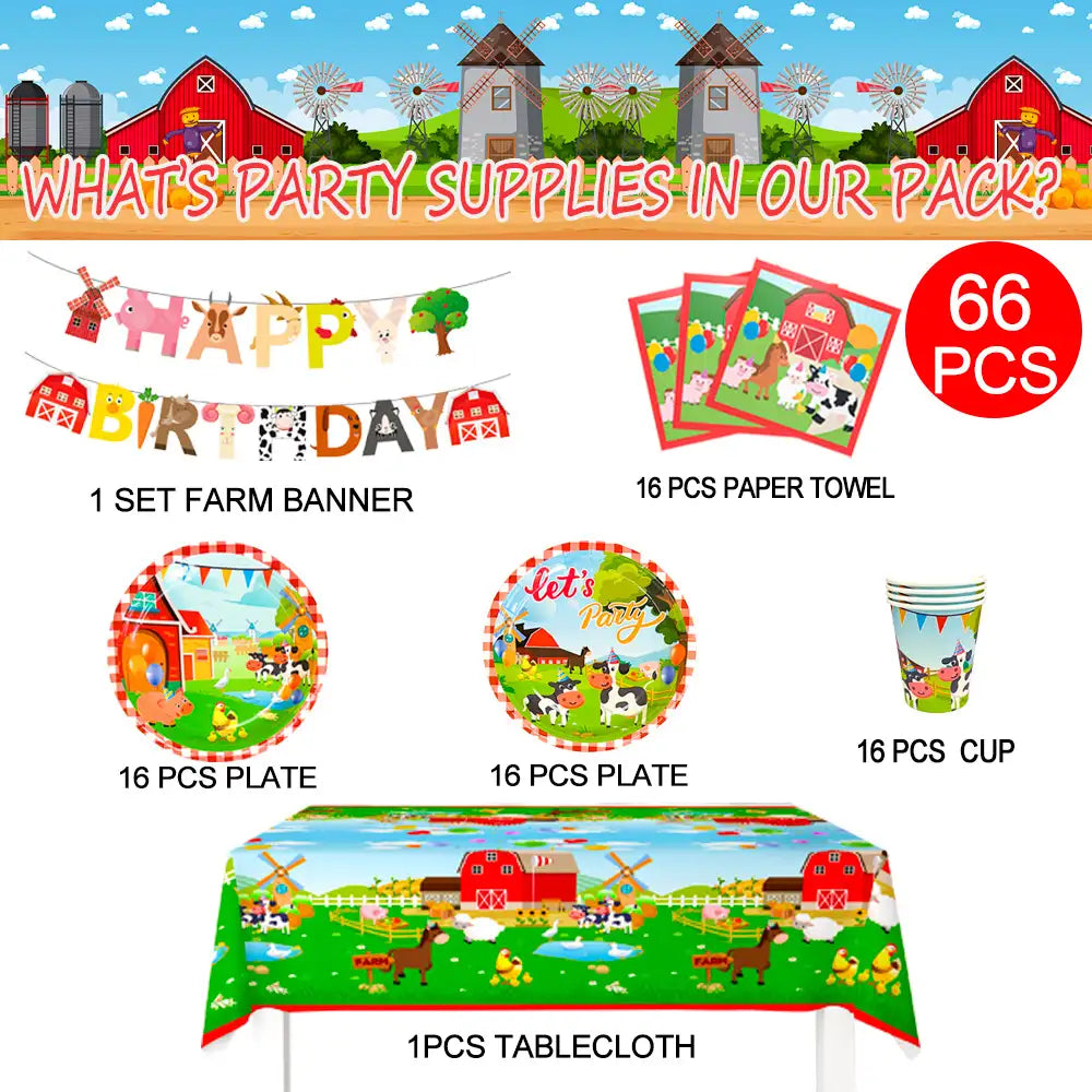 Farm House Fun Barnyard Animals Party Supplies, 16 Guests Farm Party Tableware Set-Farm animals Birthday Banner,Farm Plates Cups Napkins Tablecloth ect Farm Birthday Party Supplies,Serves 16