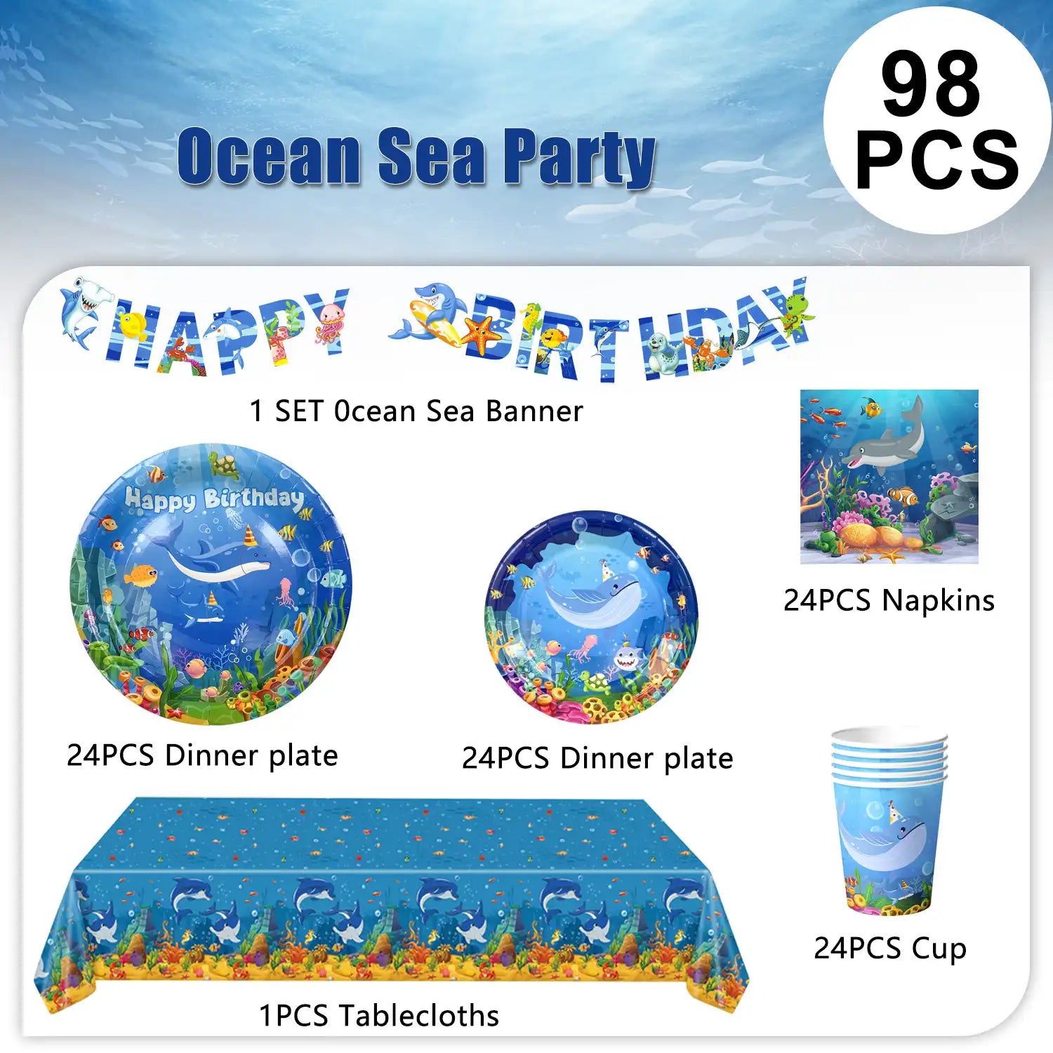 Under The Sea Party Supplies-24Guests Ocean Sea Party TabAlewear Set-Ocean Themed Party Decorations Plates Cups Napkins Tablecloth Banner etc Ocean Animal Party Tableware