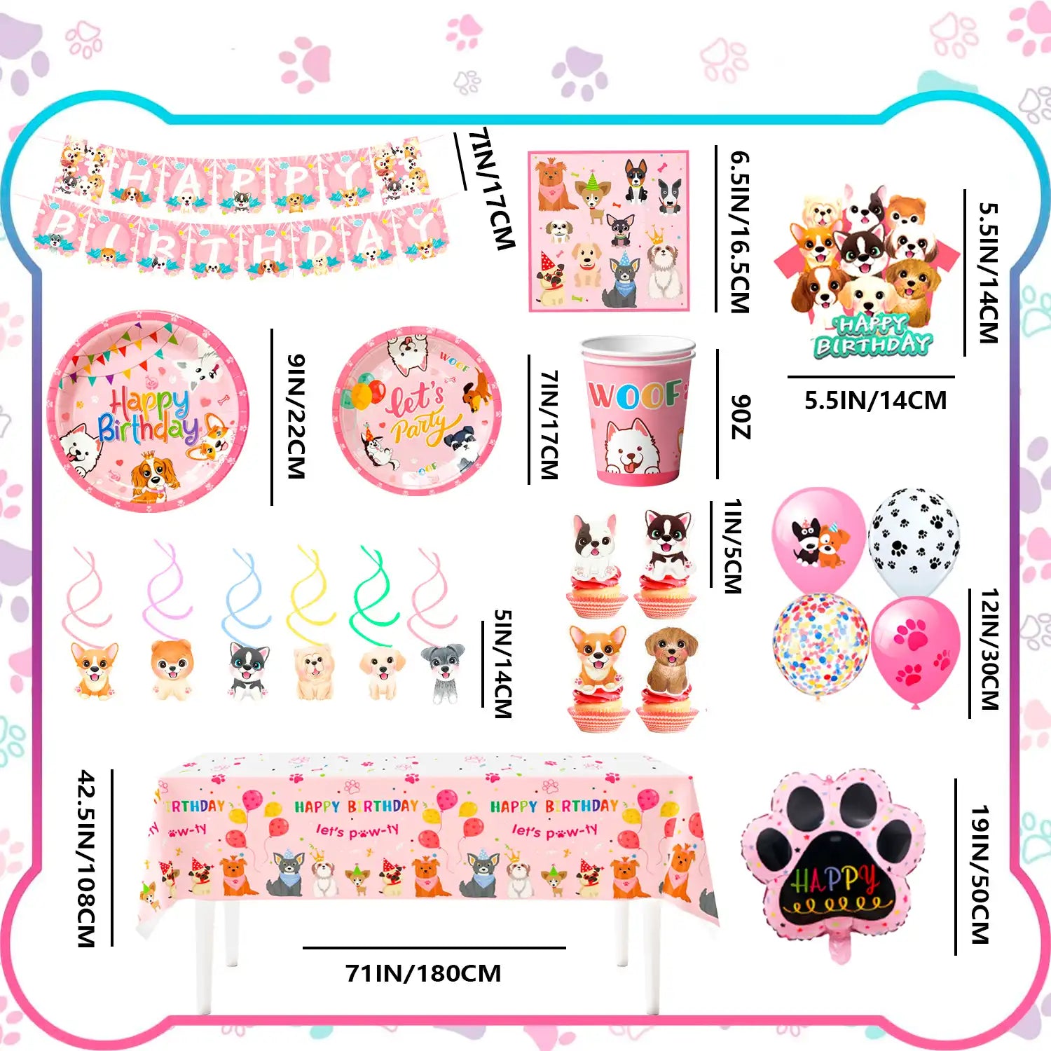 Puppy Birthday Decorations, 16 Guests Puppy Party Decorations & Pink Dog Tableware Set- Pink Puppy Plates Cups Napkins & Dog Birthday Banner Balloons Cupcake Toppers etc Dog Birthday Party Supplies