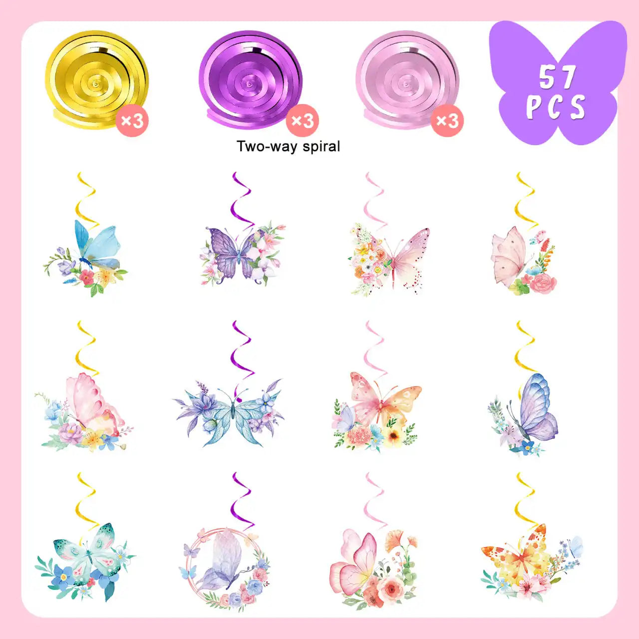Butterfly Hanging Swirls - 57 Pcs Butterfly Themed Swirls, Butterfly Floral Hanging Swirl & Butterfly Hanging Ceiling Swirl for Butterfly Birthday Decorations & Butterfly Party Decorations