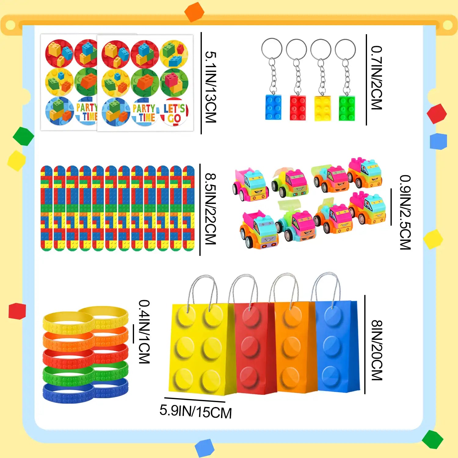 Building Block Birthday Party Favors, 12 Guests Building Blocks Party Favors Set- Building Block Favor Bags,Building Block Birthday Party Keychains Slap Bracelets etc Building Block Themed Party Favors
