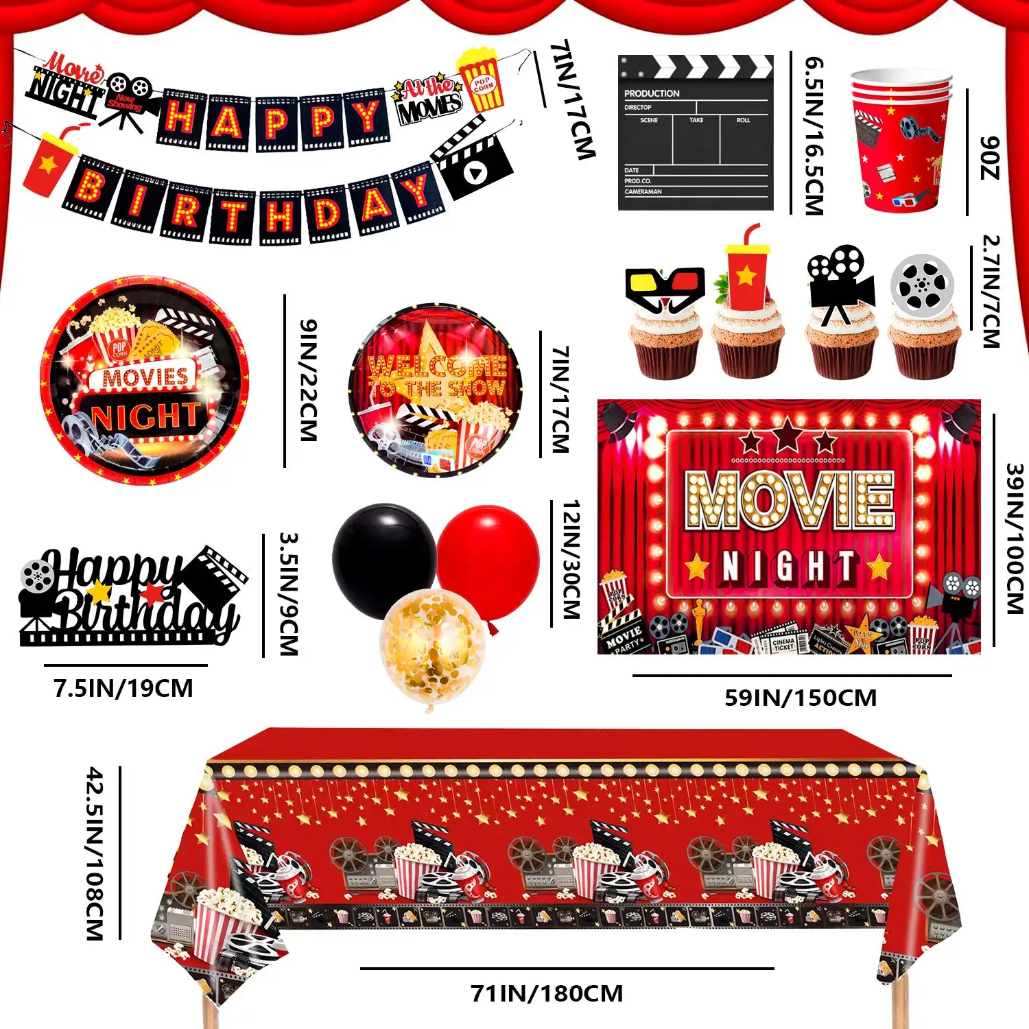 Movie Night Birthday Party Decorations, 10 Guests Movie Night Party Decorations and Tableware - Movie Night Plates Tablecloth Napkins&Movie Night Party Balloons Banner Backdrop etc Movie Night Decorations
