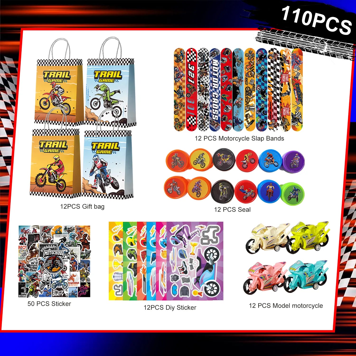 Motorcycle Party Favors, 110pcs Motocross Birthday Party Favors Set - Dirtbike Birthday Goodie Bag Slap Bracelets Stampers & Make Your Own Motorcycle Stickers etc Motocross Birthday Favors