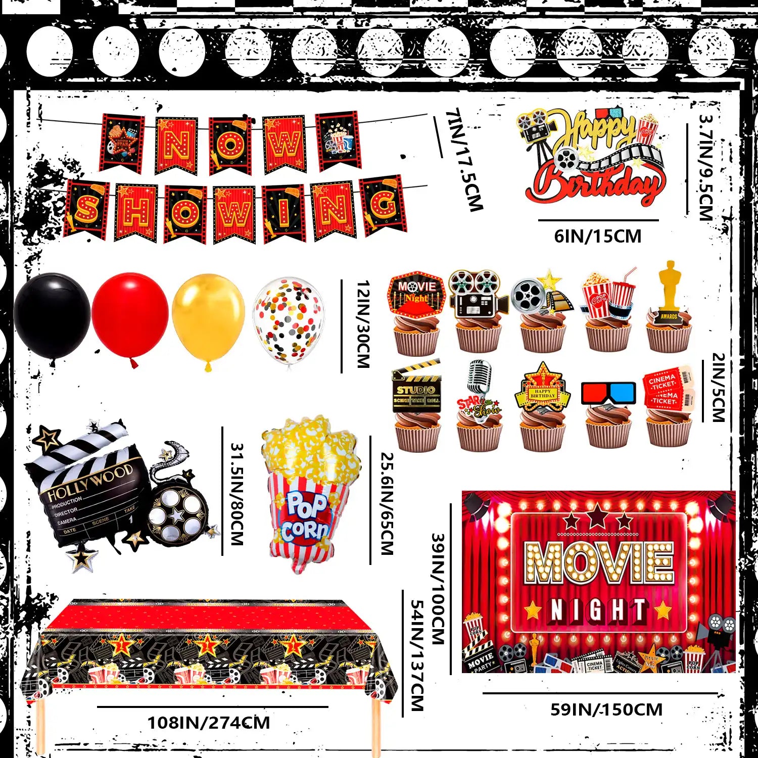 Movie Night Party Decorations, 84 Pcs Movie Night Party Supplies - Movie Night Party Balloons Backdrop Tablecloth & Movie Night Happy Birthday Banner etc Movie Night Birthday Party Decorations