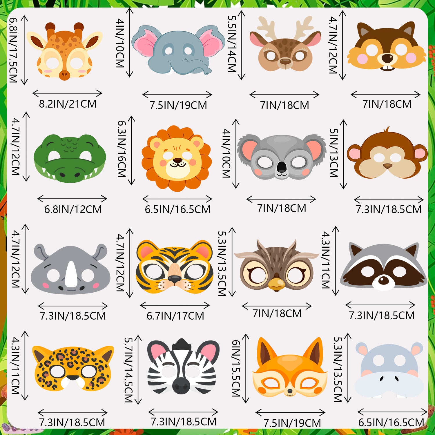Jungle Animal Masks, 16 Pcs Animal Party Masks Set - Safari Animal Face Mask for Kids, Jungle Safari Party Mask & Safari Animal Theme Mask, for Jungle Animal Party Decorations Supplies