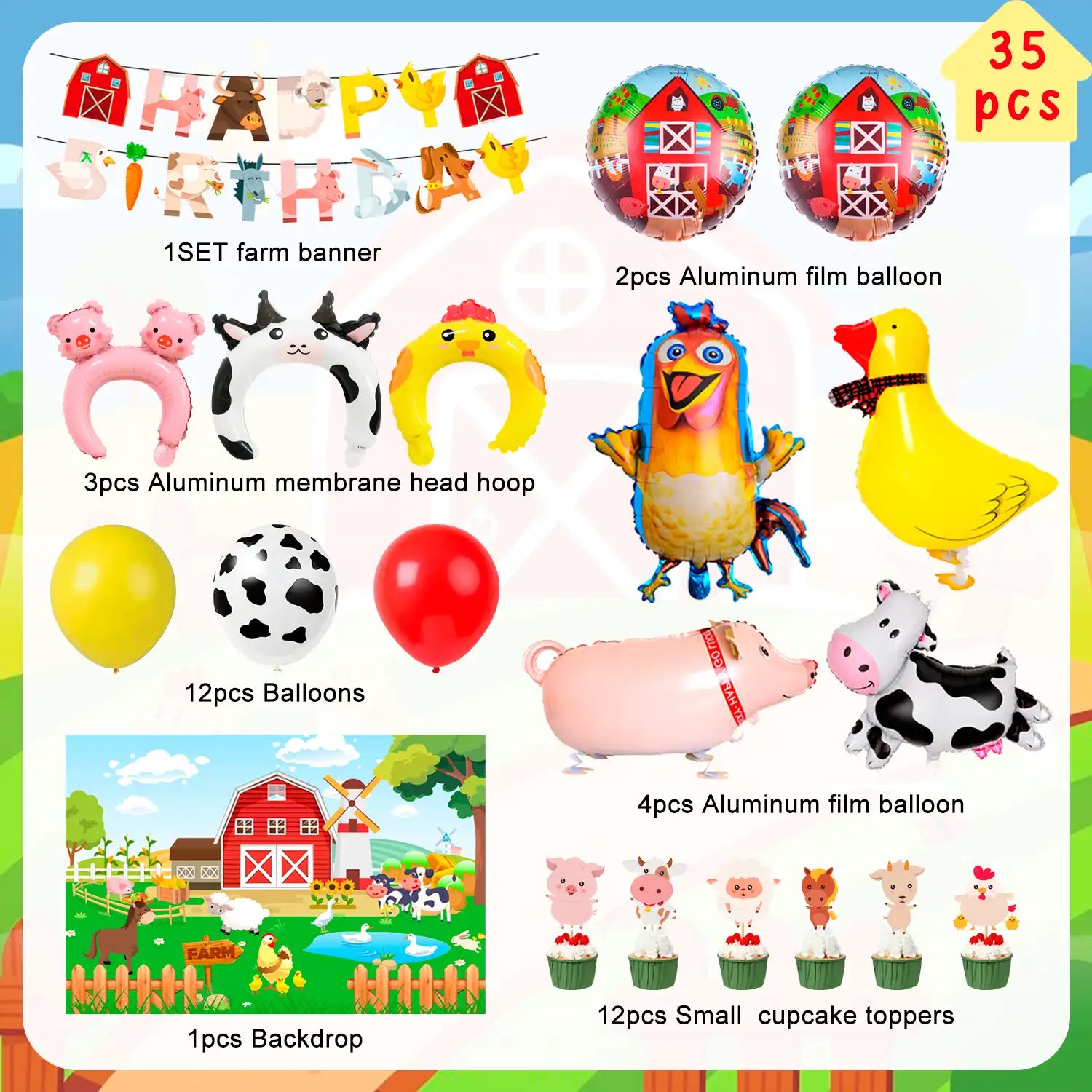 Farm Animal Birthday Decorations, 49pcs Farm Party Decorations Set Including Farm Animal Balloons Backdrop Cupcake Toppers Head Hoop etc Farm Birthday Decorations Supplies for Girls/Boys Kids