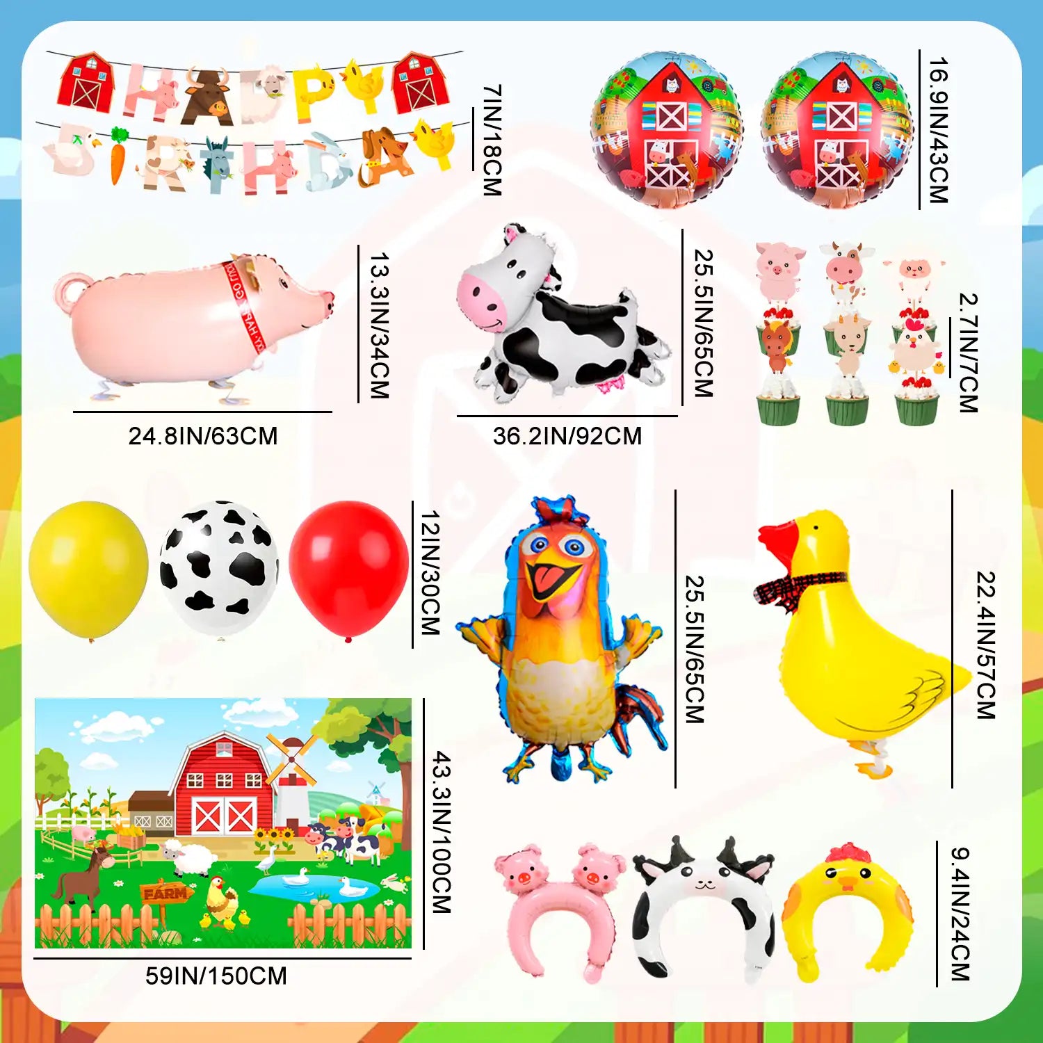 Farm Animal Birthday Decorations, 49pcs Farm Party Decorations Set Including Farm Animal Balloons Backdrop Cupcake Toppers Head Hoop etc Farm Birthday Decorations Supplies for Girls/Boys Kids