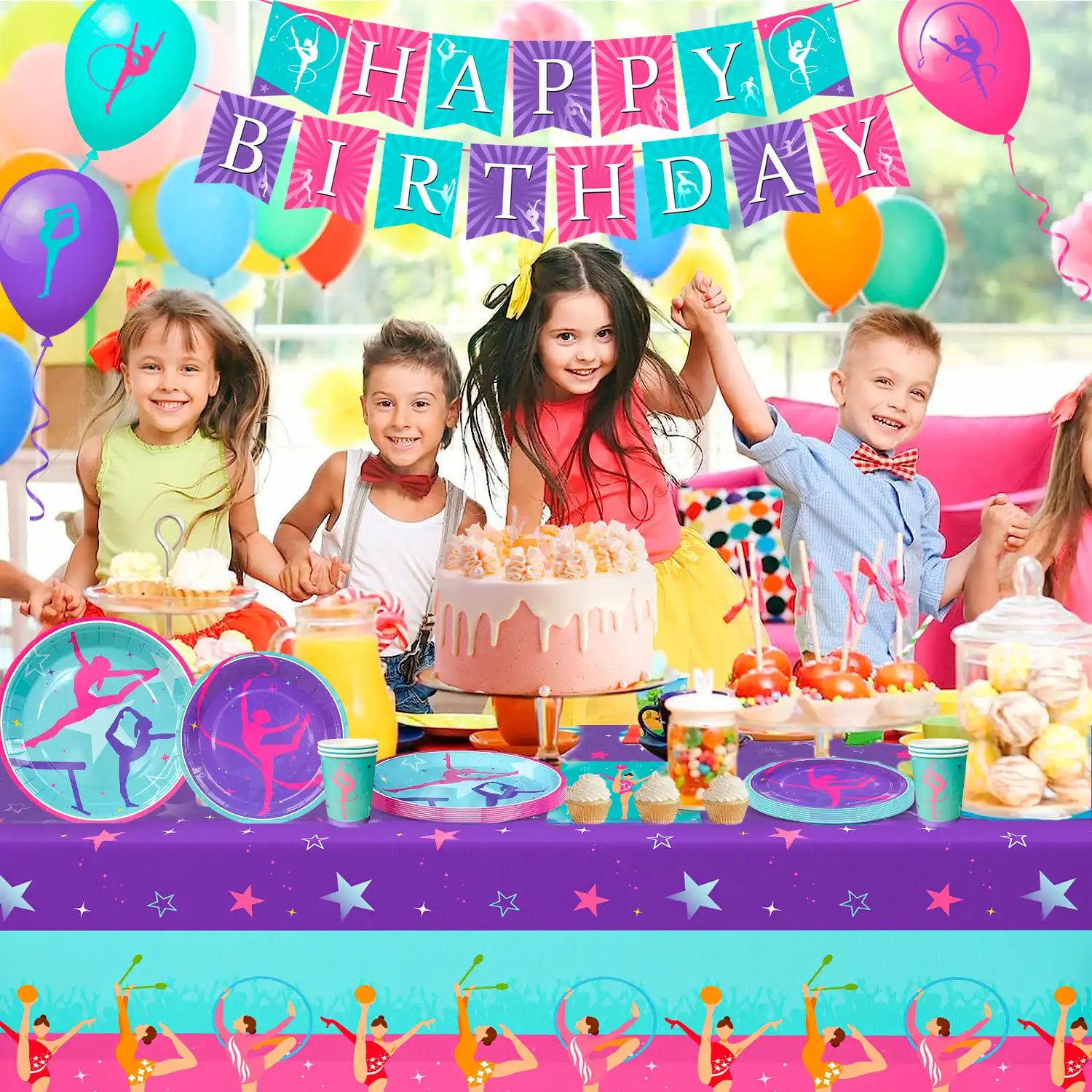 Gymnastics Birthday Party Supplies, 16 Guests Gymnastics Party Decorations&Tableware Kit - Gymnastics Plates and Napkins Cups Tablecloth Balloons Banner etc Gymnastics Decorations for Birthday Party