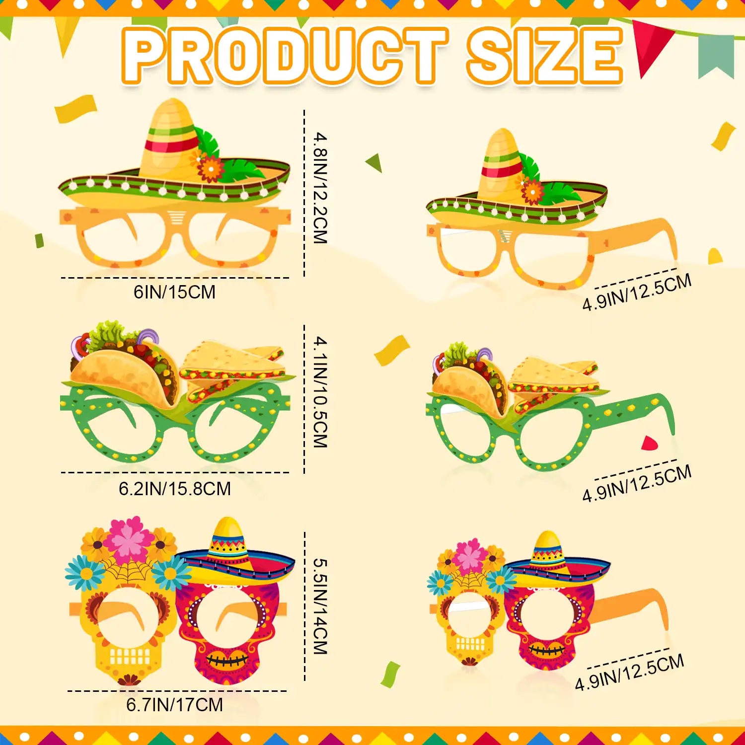 Mexican Fiesta Party Glasses, 36 Pcs Mexican Party Paper Glasses Set - Fiesta Paper Eyeglasses, Mexican Fiesta Eyeglasses & Cinco De Mayo Paper Glasses for Mexican Birthday Party Decorations