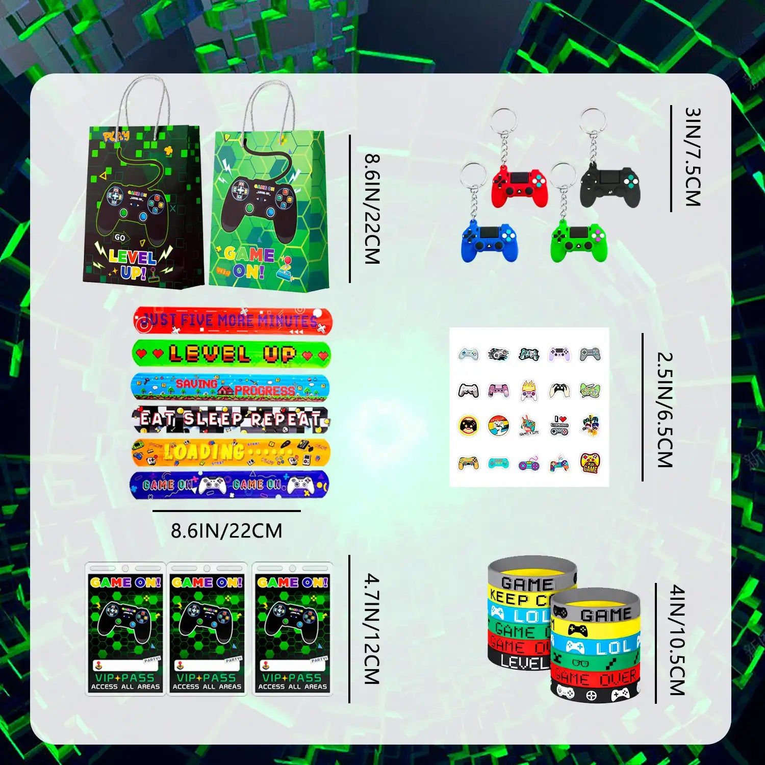 Video Game Party Favors for Kids, 12 Guests Gamer Party Favors Set Including Video Game Wristband Slap Bracelets Keychain Vip Pass Ticket & Gamer Goodie Bags etc Gaming Party Favors for Boys