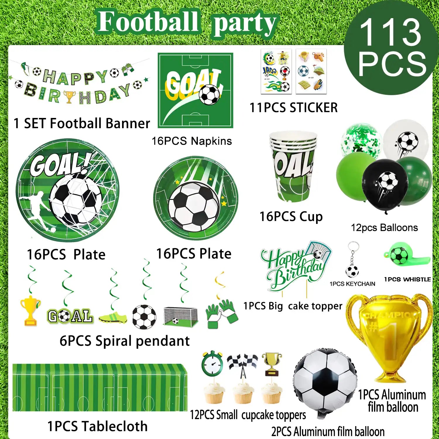 Soccer Birthday Party Supplies, 16 Guests Soccer Party Decorations & Tableware Set -Soccer Birthday Banner Balloons Tablecloth Plates Cups Napkins & Whistle Keychain,Ect Boys Sports Theme Birthday Decor