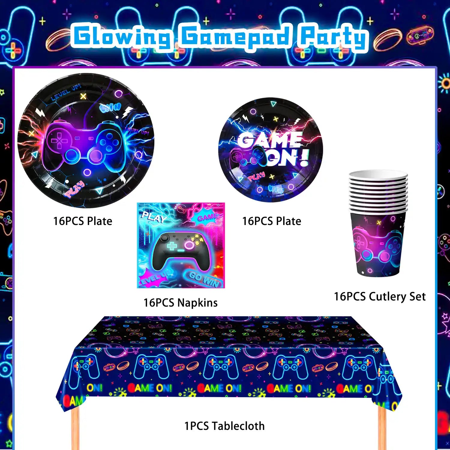 Video Game Birthday Decorations Tableware,65Pcs Game On Birthday Party Tableware Set-Video Game Birthday Plates Napkins Cups Tablecloth etc Glowing Game Party Tableware for Video Game Party Supplies