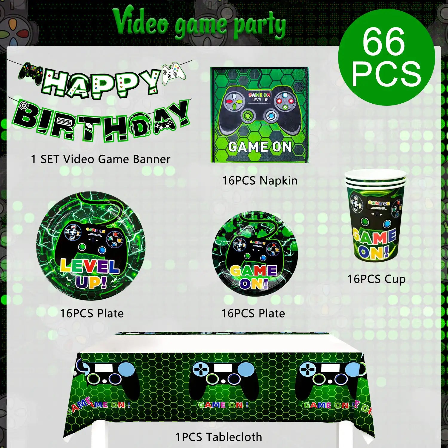 Video Game Party Supplies, 16 Guests Video Game Party Tableware Set - Video Game Plates and Napkins,Cups Table Cloth&Gamer Birthday Decorations Banner etc Gaming Birthday Party Supplies for Boys Kids