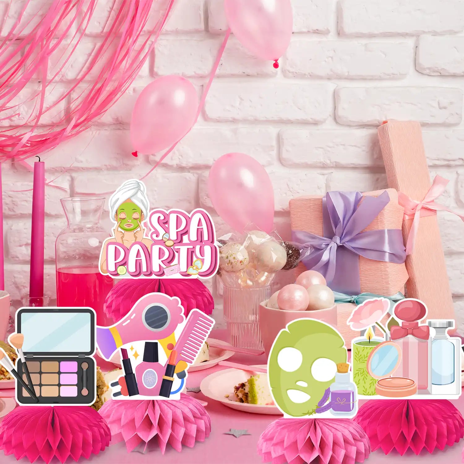 Spa Party Decorations, 9pcs Spa Honeycomb Centerpieces/Make Up Table Decorations/Spa Centerpieces for Tables/Spa Birthday Party Centerpieces, Spa Day Centerpiece for Makeup Birthday Party Decorations