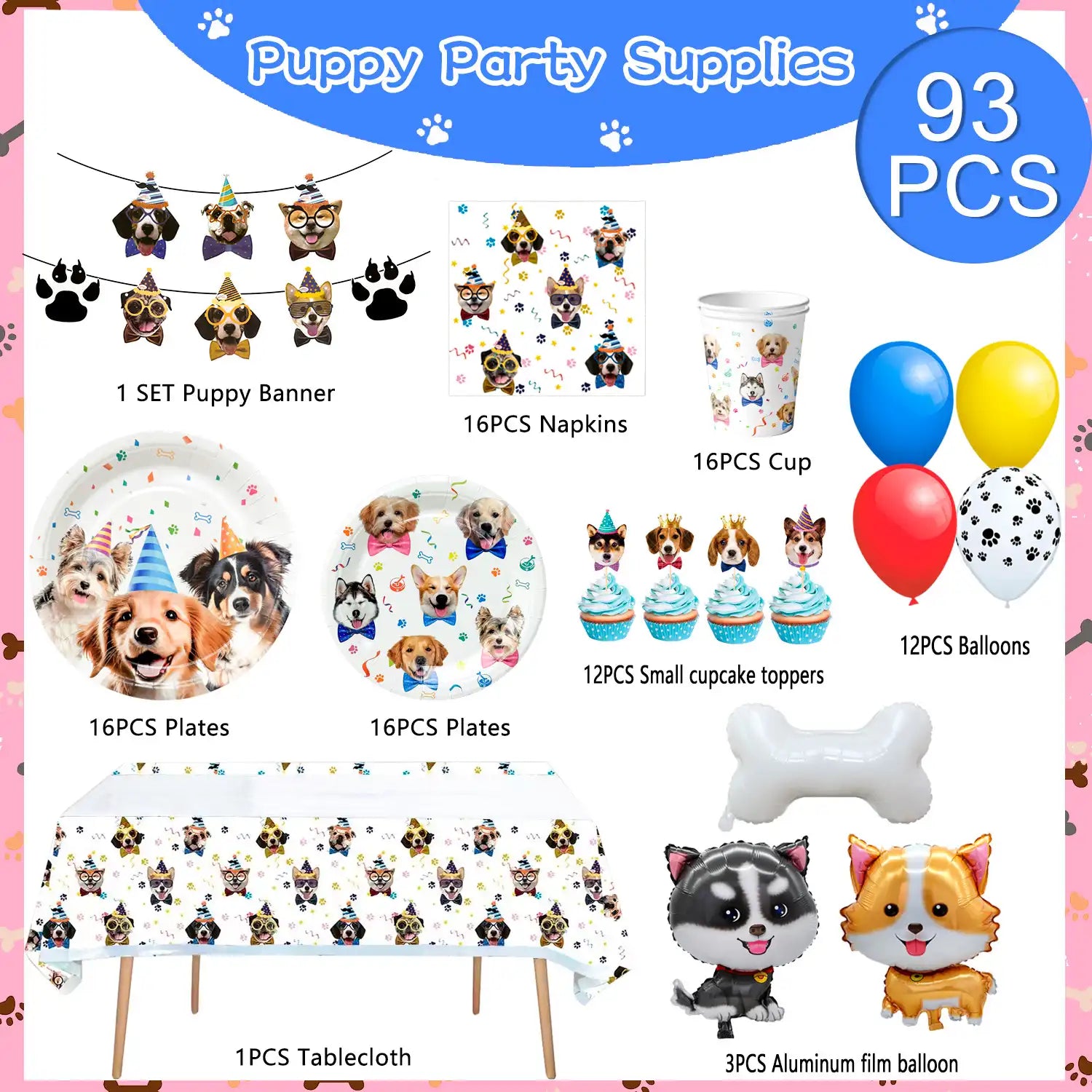 Puppy Dog Birthday Party Supplies, 16 Guests Dog Party Decorations Dog Birthday Party Tableware Set, Dog Birthday Banner, Puppy Balloons&Puppy Party Plates Cups Table Cloth etc Dog Themed Party Supplies