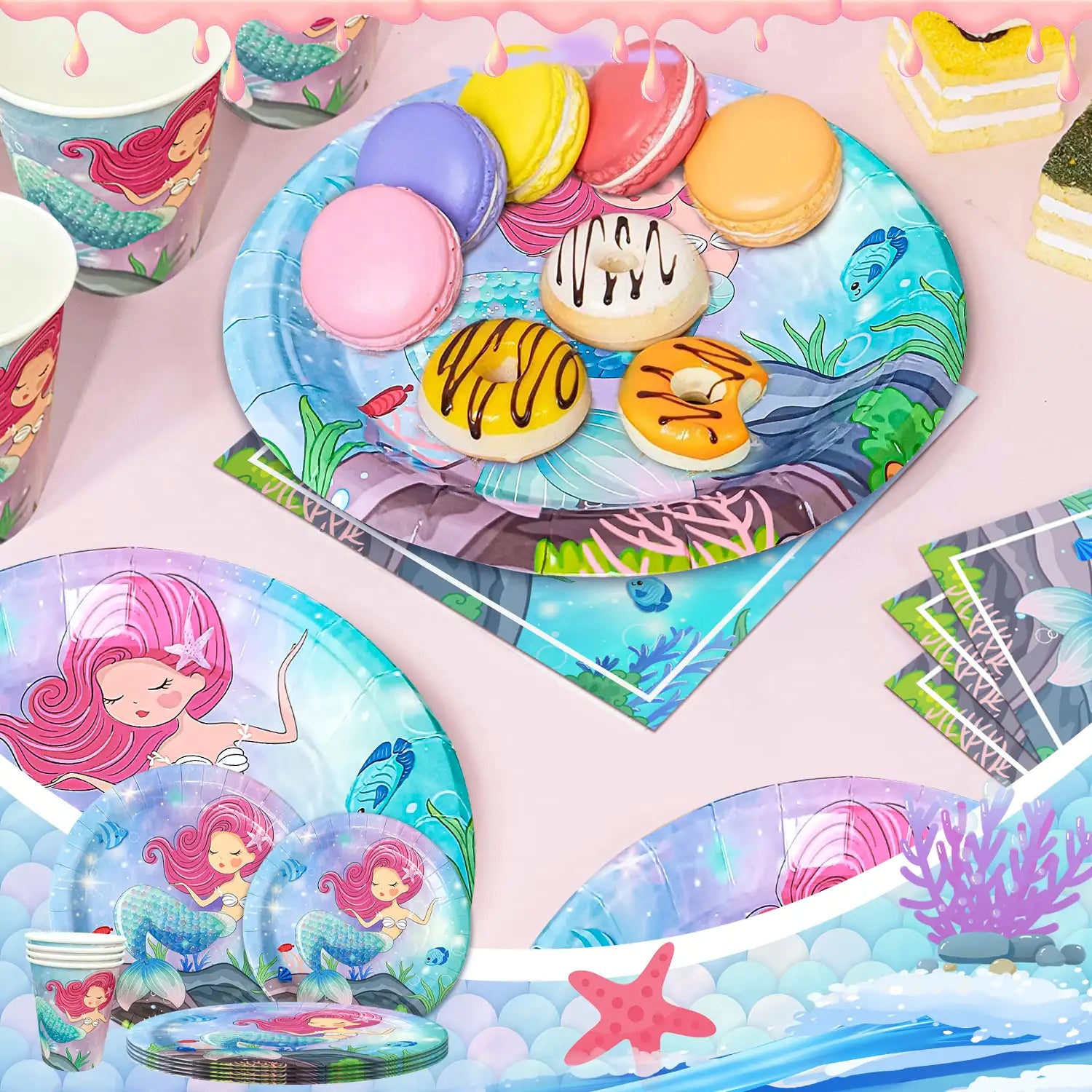 Mermaid Birthday Party Supplies, 128pcs Mermaid Birthday Decorations & Tableware Set - Mermaid Balloons Banners Plates Cups Napkins Tablecloth etc Mermaid Party Decorations for Girls Kids (Serves 16)