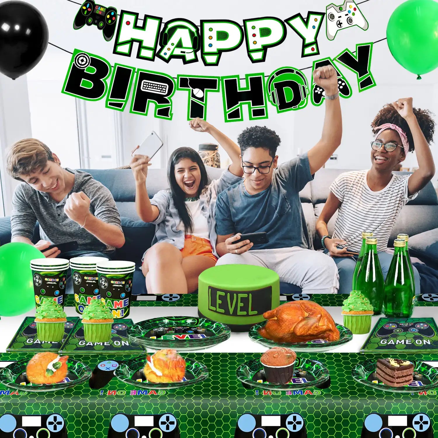 Video Game Party Supplies, 16 Guests Video Game Party Tableware Set - Video Game Plates and Napkins,Cups Table Cloth&Gamer Birthday Decorations Banner etc Gaming Birthday Party Supplies for Boys Kids
