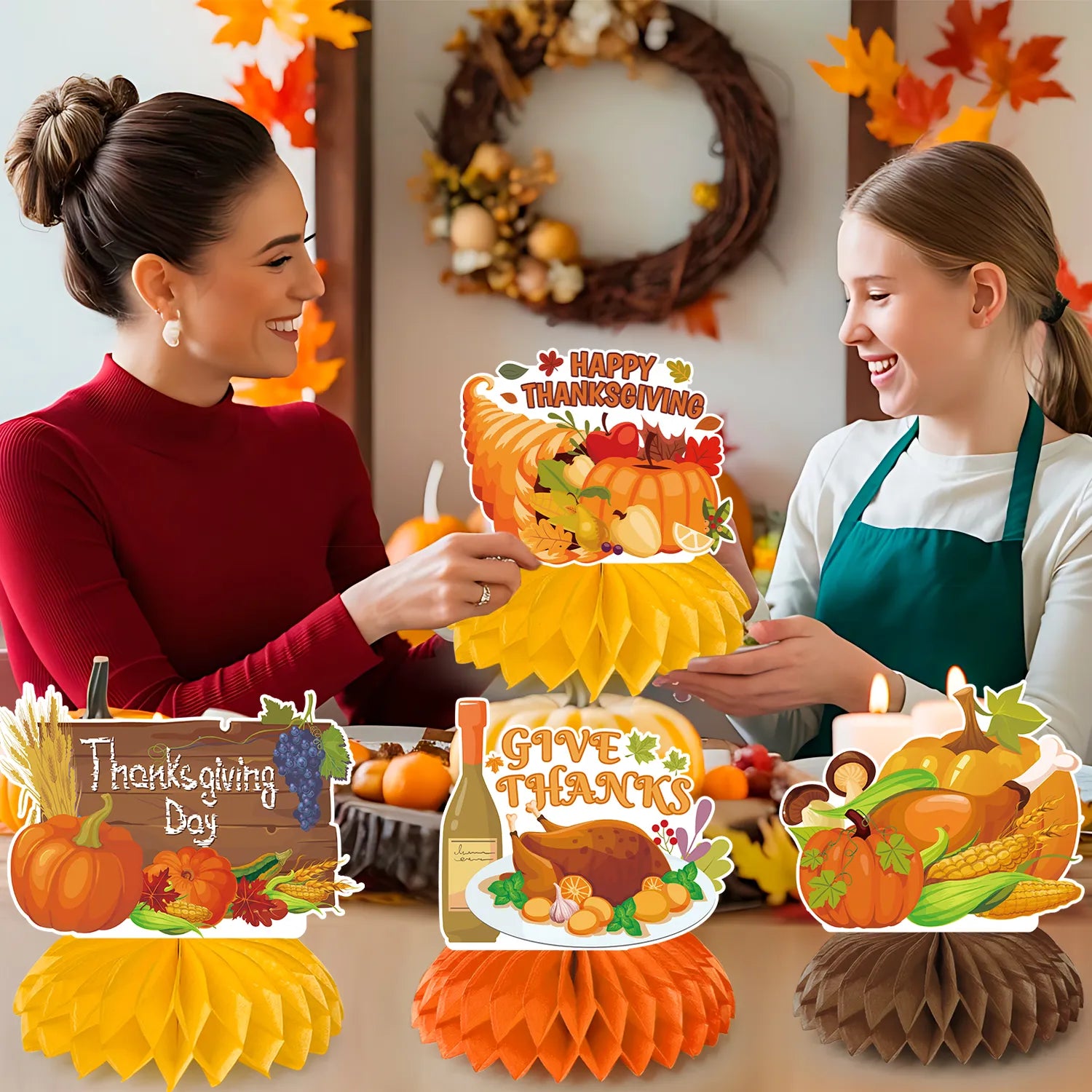 Thanksgiving Honeycomb Centerpieces, 9 Pcs Thanksgiving Party Honeycomb Centerpieces, Friendsgiving Honeycomb Centerpieces and Autumn Honeycomb Centerpieces, for Thanksgiving Party Decorations Supplies