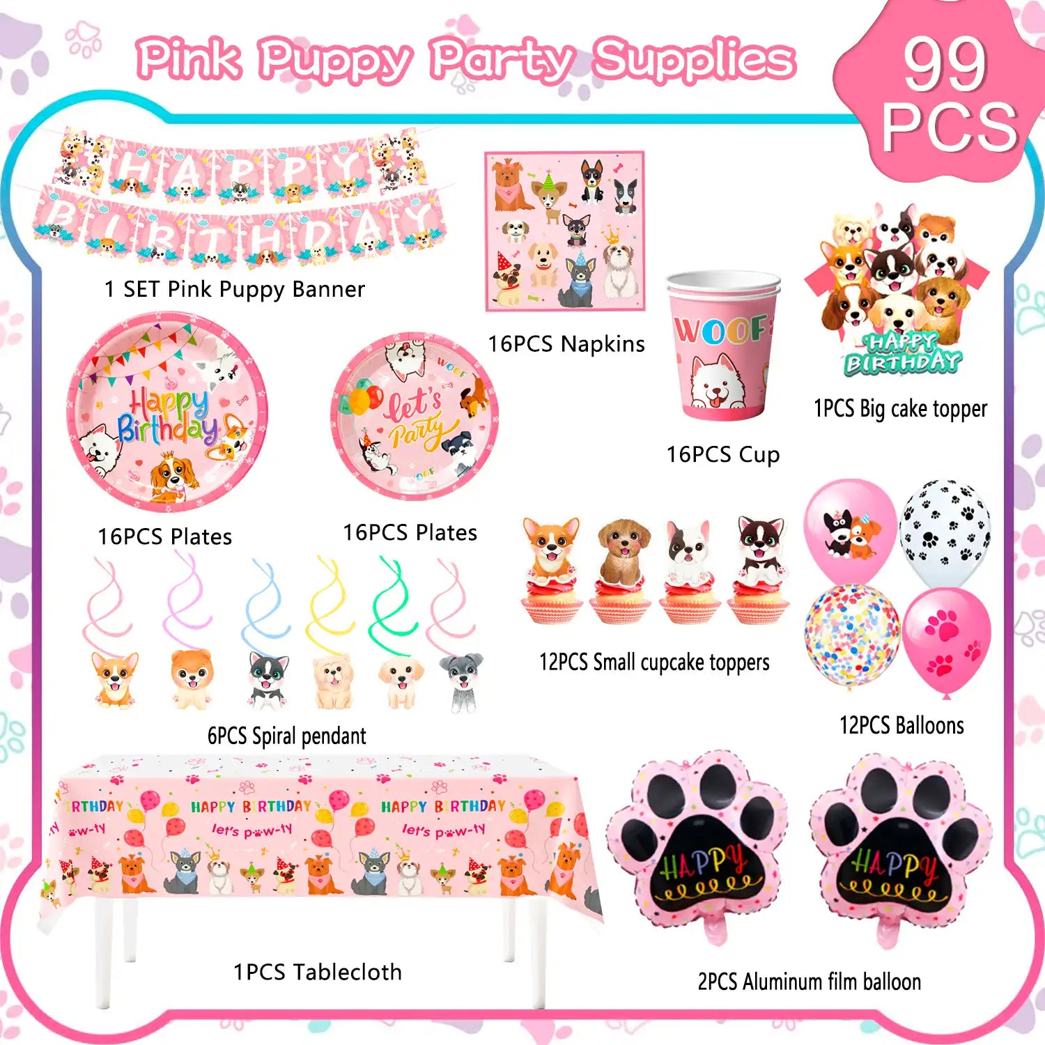 Puppy Birthday Decorations, 16 Guests Puppy Party Decorations & Pink Dog Tableware Set- Pink Puppy Plates Cups Napkins & Dog Birthday Banner Balloons Cupcake Toppers etc Dog Birthday Party Supplies