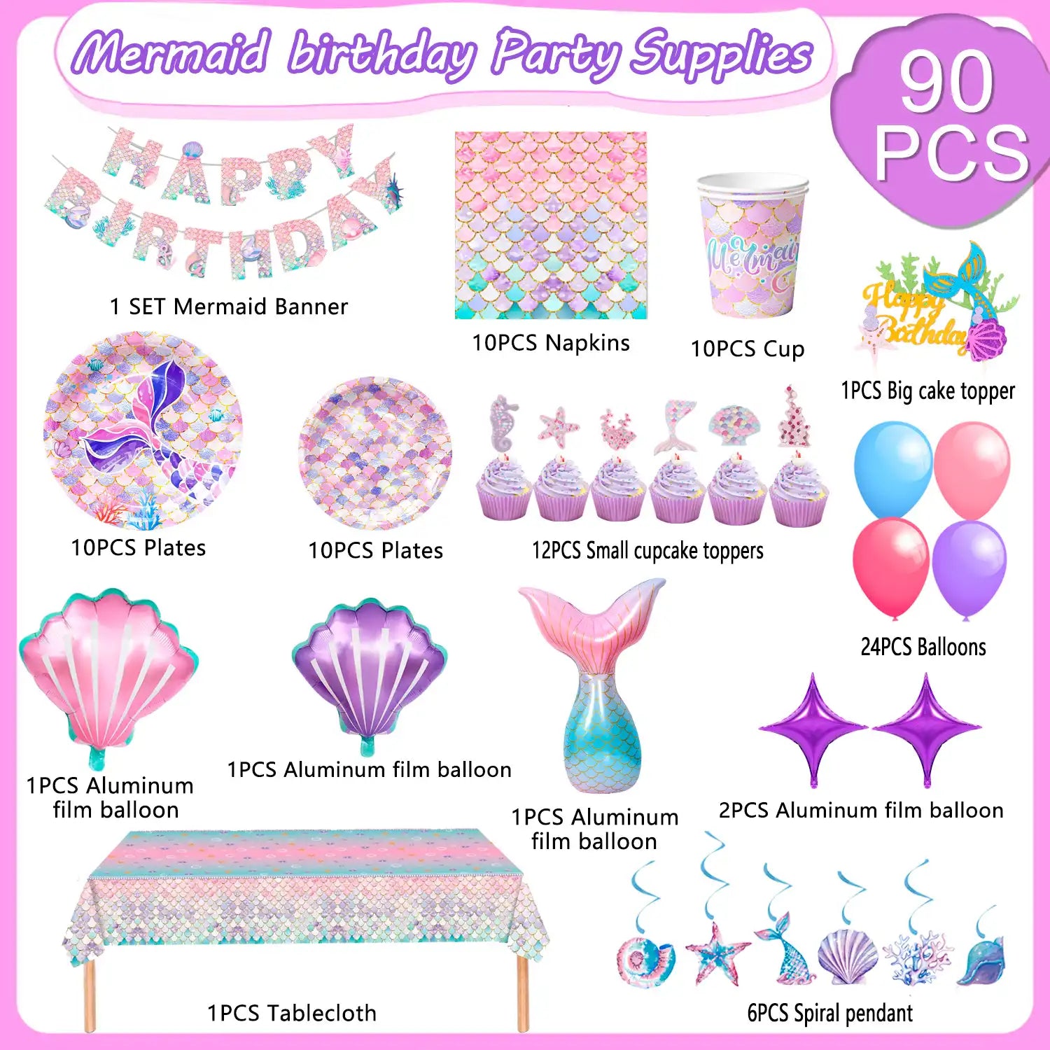 Mermaid Party Supplies,90 Pcs Mermaid Birthday Party Supplies Kit - Mermaid Birthday Plates Cups Napkins Tablecloth & Mermaid Banner Balloons Hanging Swirl etc Mermaid Birthday Decorations for Girls
