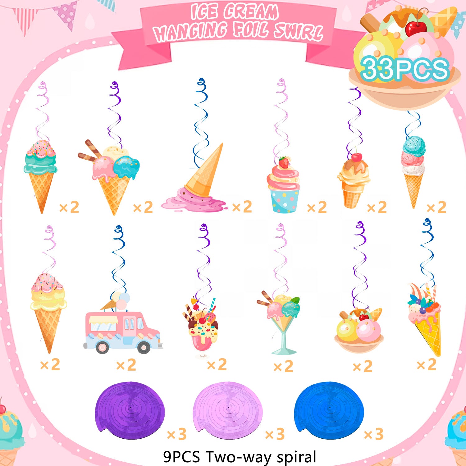 33pcs Ice Cream Party Hanging Swirls, Ice Cream Spiral Decoration Ice Cream Party Hanging Decorations for Ice Cream Birthday Party Decoration Baby Shower