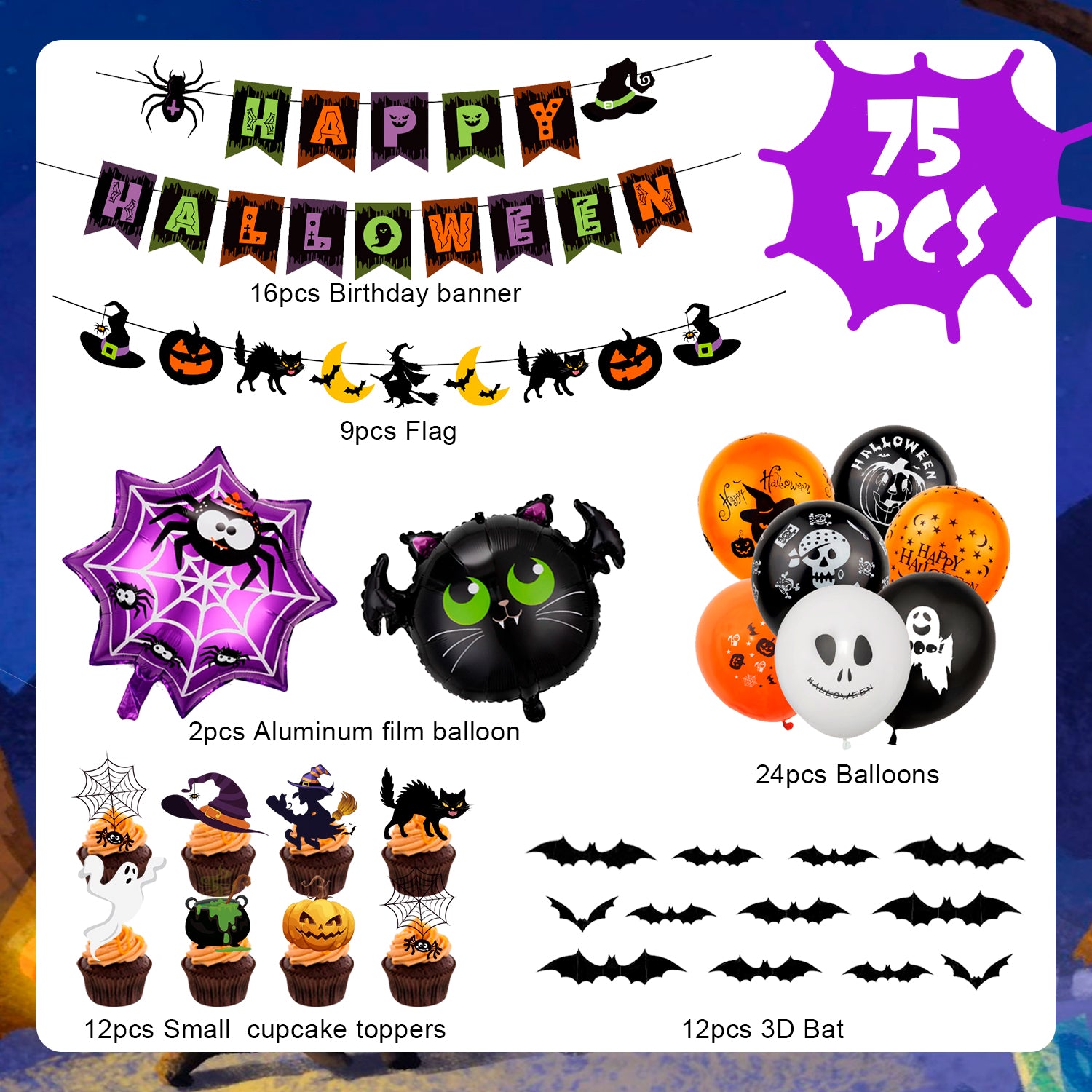 Happy Halloween Decorations,75Pcs Halloween Party Kit - Happy Halloween Banner,Halloween Balloons & Halloween Deocration Foil Balloons & Halloween Cake Topper etc Halloween Party Decorations Supplies