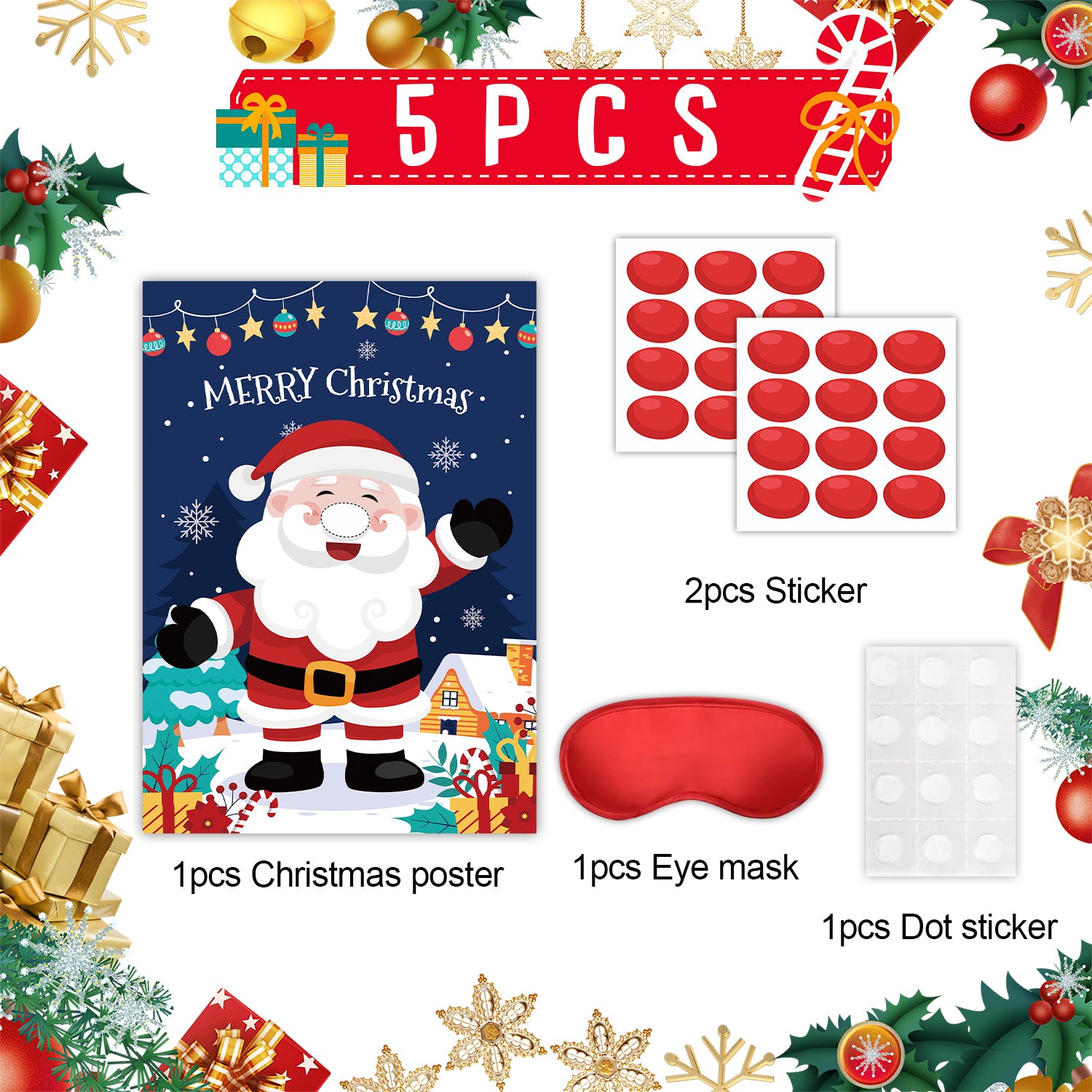 Pin The Christmas Game,5 Pcs Christmas Pin Party Game Supplies-Christmas Pin The Poster,Christmas Party Blindfold&Red Nose Christmas Stickers etc Christmas Pin The Nose Game for Christmas Decorations