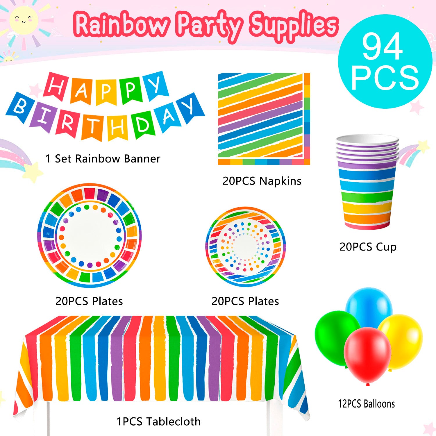 Rainbow Party Supplies, 20 Guests Rainbow Party Decorations & Tableware Set - Rainbow Party Plates Napkins Cups & Rainbow Birthday Decorations Balloons Banner etc Rainbow Themed Birthday Party Supplies