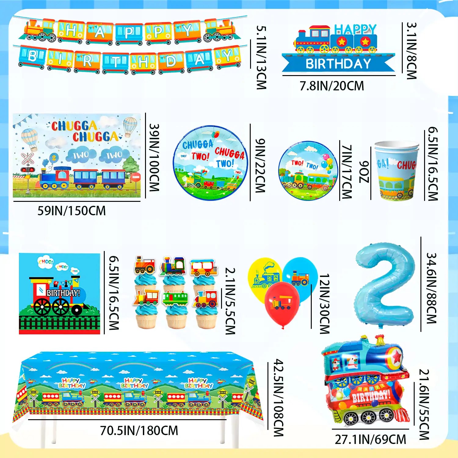 Chugga Chugga Two Two Party Decorations, 16 Guests Train Birthday Decorations & Train Party Tableware Set- Train Plates Cups Napkins Tablecloth Banner Balloons Backdrop etc Train Birthday Party Supplies