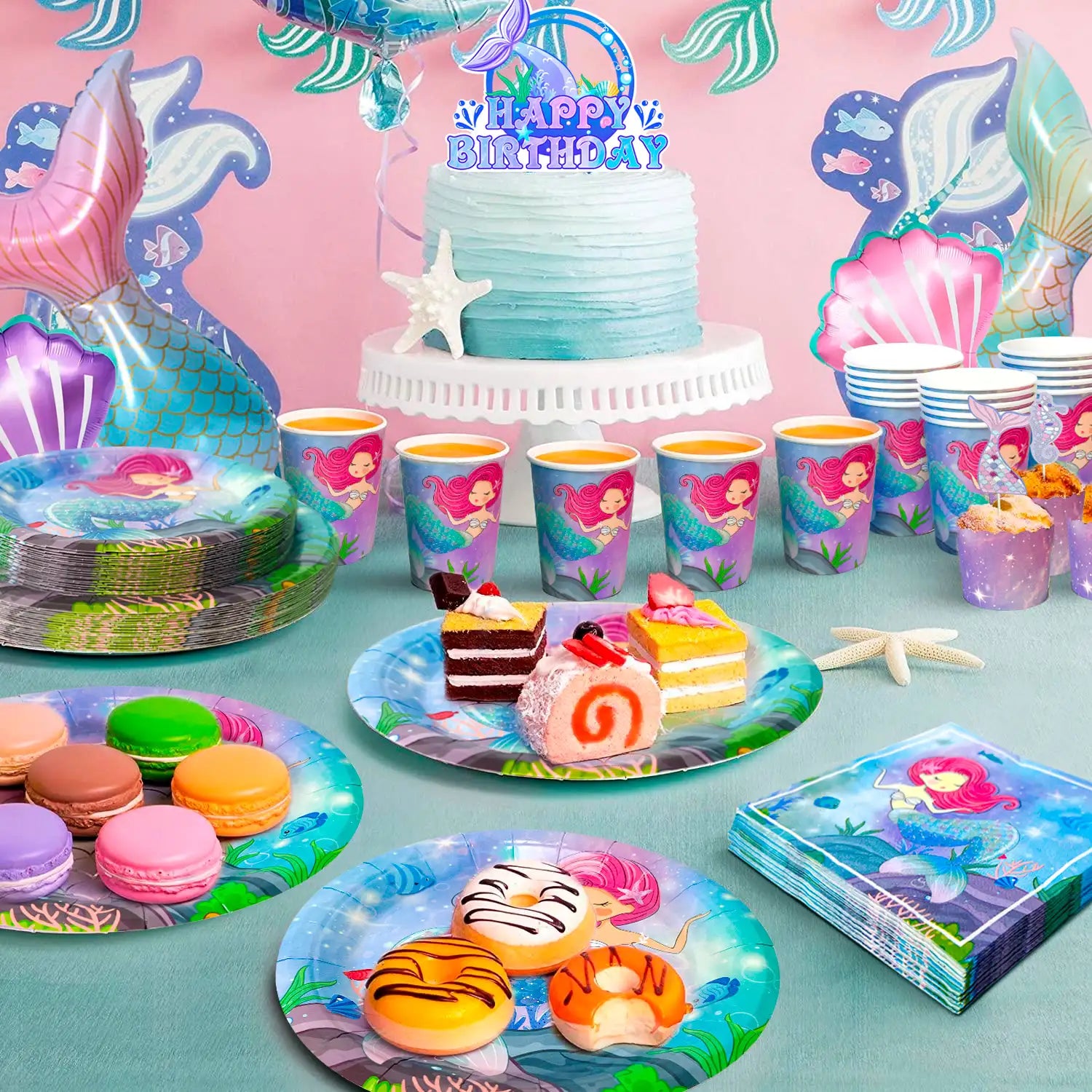 Mermaid Birthday Party Supplies, 128pcs Mermaid Birthday Decorations & Tableware Set - Mermaid Balloons Banners Plates Cups Napkins Tablecloth etc Mermaid Party Decorations for Girls Kids (Serves 16)