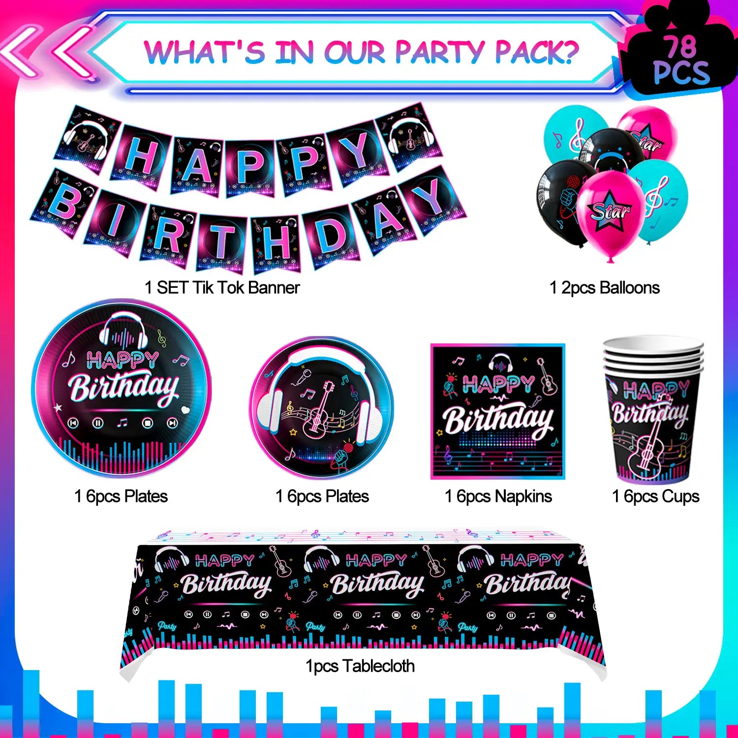 Tik Tok Party Decorations, 16 Guests Tik Tok Birthday Party Decorations Tableware Set-Tik Tok Balloons Banner Tablecloth Plates Cups Napkin ect Tik Tok Theme Party Decor Supplies, for 16 Guests