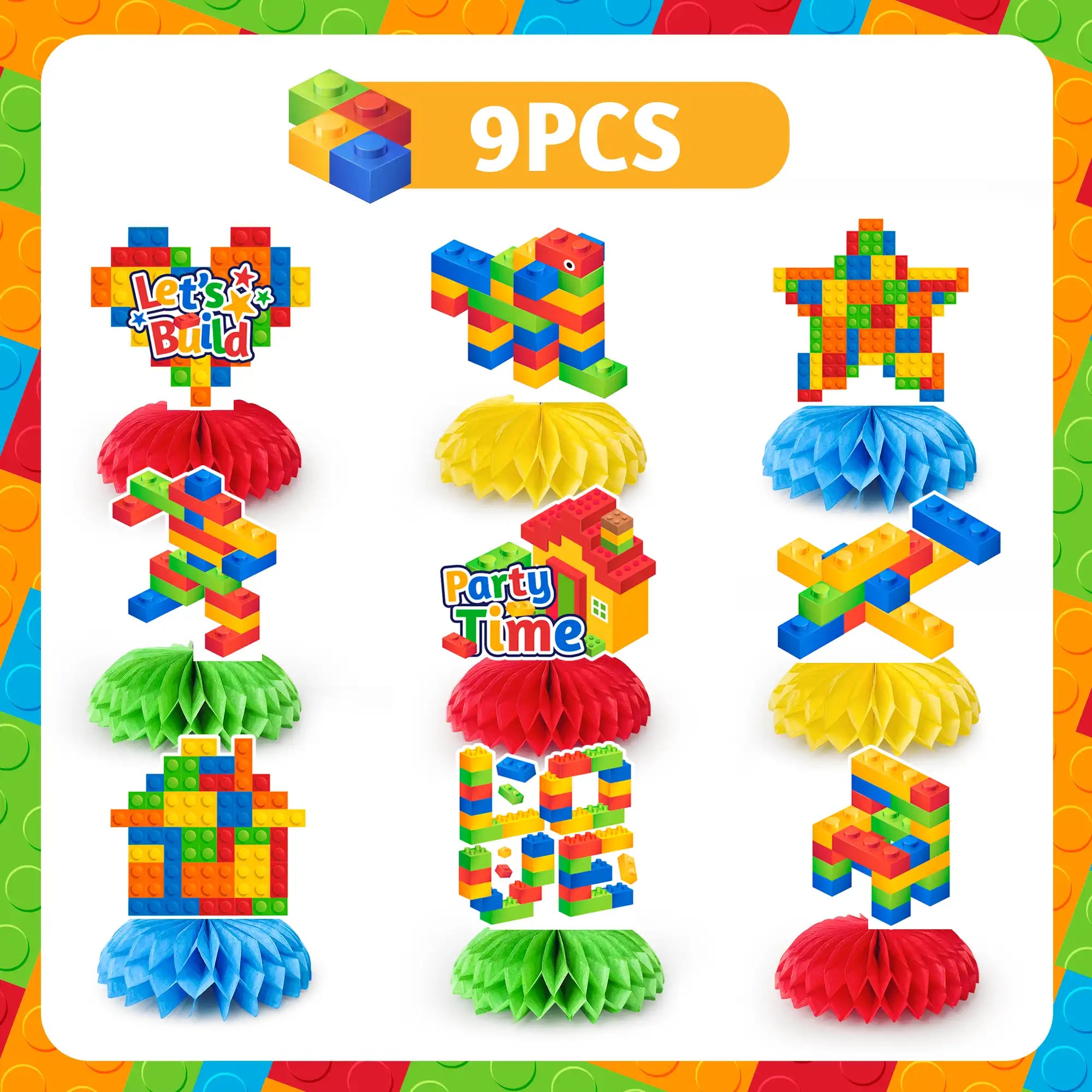Building Block Honeycomb Centerpieces, 9 Pcs Building Block Themed Honeycomb Centerpieces Building Block Honeycomb Table Decorations Building Block Party Honeycomb for Building Block Birthday Party