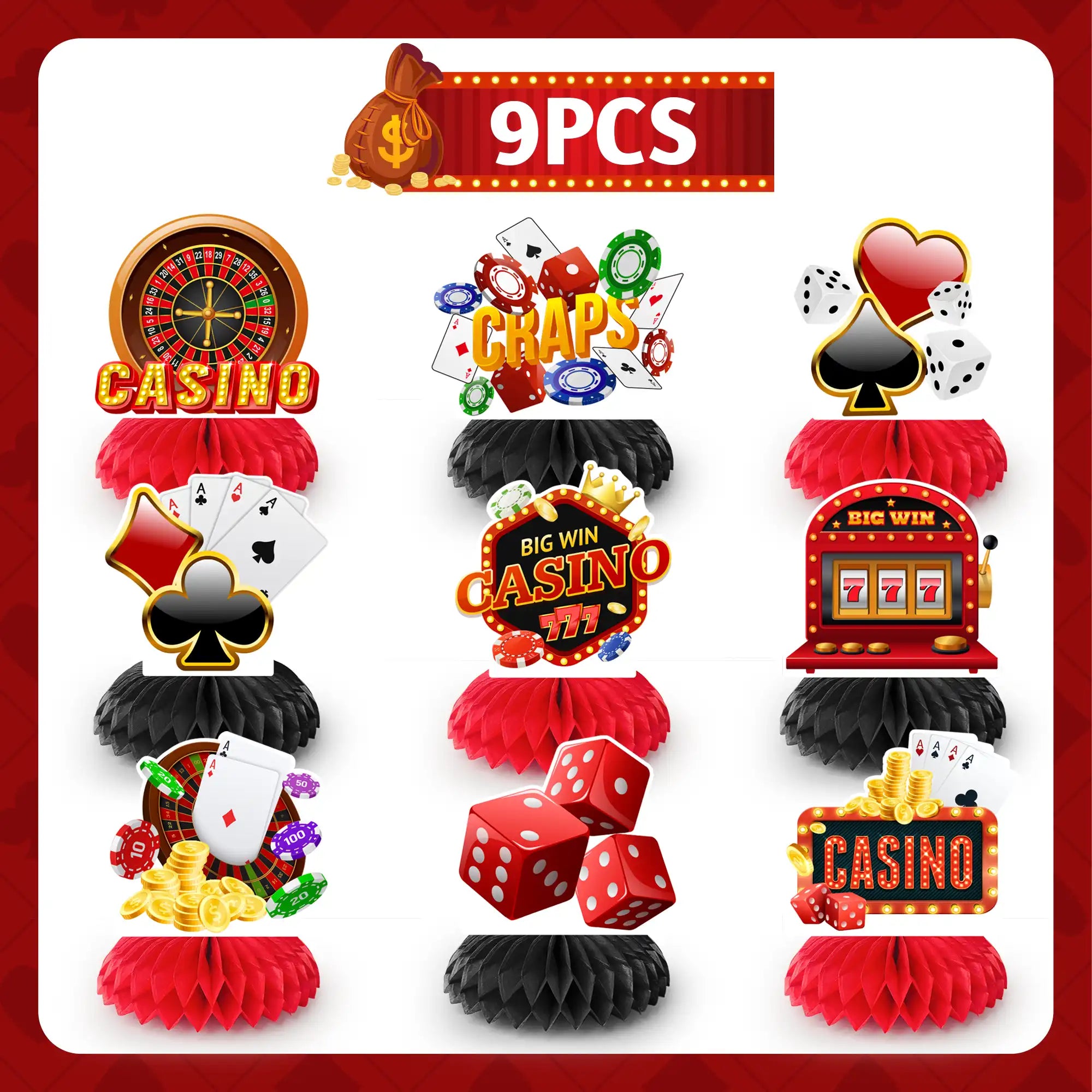 Casino Honeycomb Centerpieces, 9 Pcs Casino Theme Honeycomb Centerpieces & Casino Centerpiece Table Decorations for Casino Party Decorations & Las Vegas Party Decorations