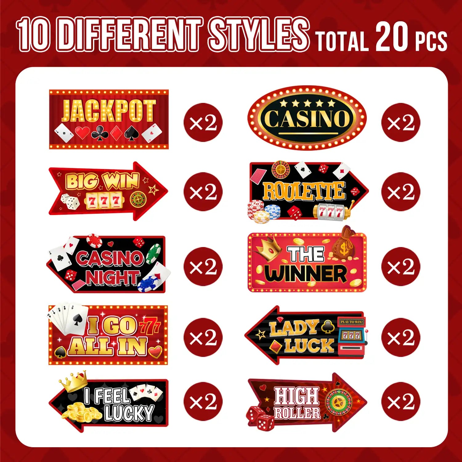 Casino Party Sign, 20 Pcs Casino Theme Party Sign, Las Vegas Party Signs & Casino-Themed Party Direction Sign, for Casino Photo Booth Props & Casino Theme Party Decorations