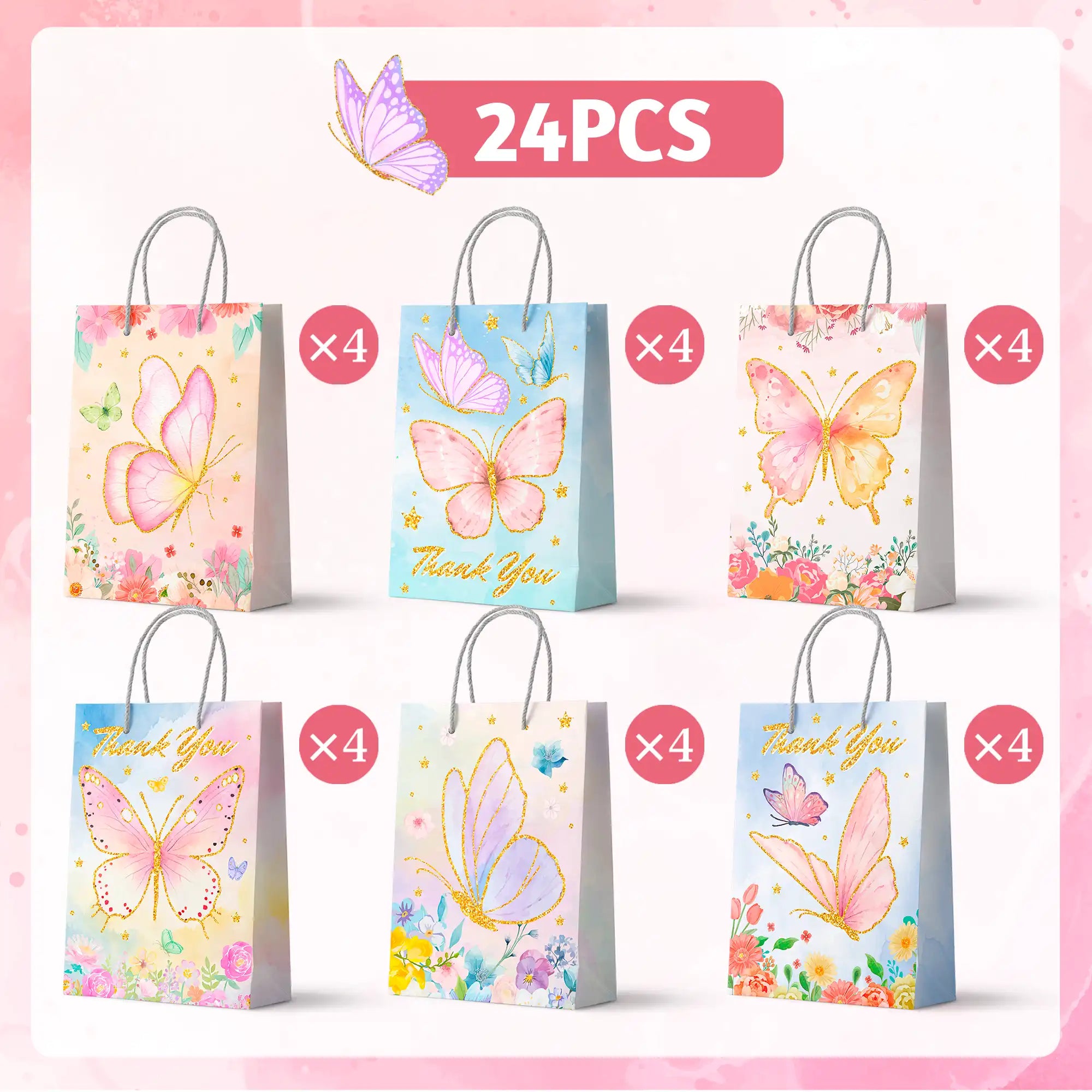 Butterfly Party Favor Bags with Handles, 24pcs Butterfly Goodie Bags for Birthday Party/Butterfly Gift Bags/Butterfly Candy Bags/Butterfly Treat Bags, Butterfly Paper Bags for Butterfly Decorations
