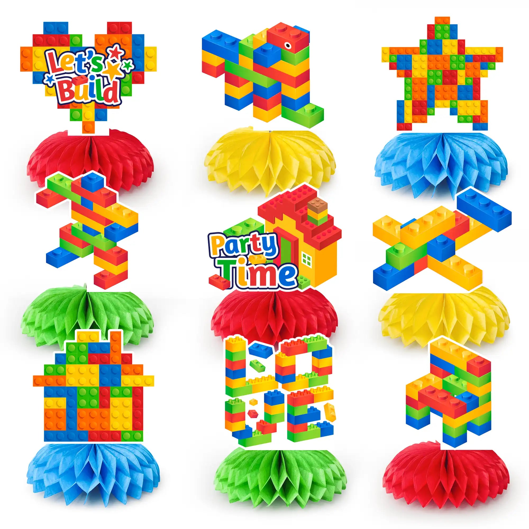 Building Block Honeycomb Centerpieces, 9 Pcs Building Block Themed Honeycomb Centerpieces Building Block Honeycomb Table Decorations Building Block Party Honeycomb for Building Block Birthday Party