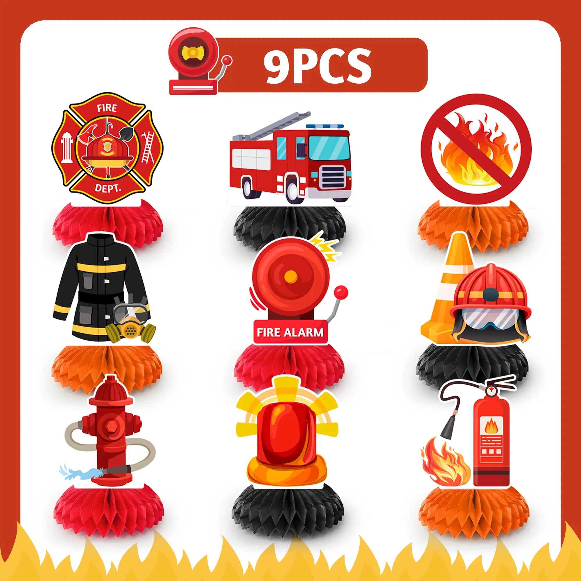 Firetruck Honeycomb Centerpieces, 9 Pcs Fireman Honeycomb Centerpiece, Firetruck Honeycomb Table Centerpiece, Firetruck Birthday Table Honeycomb Centerpieces for Firetruck Birthday Decorations
