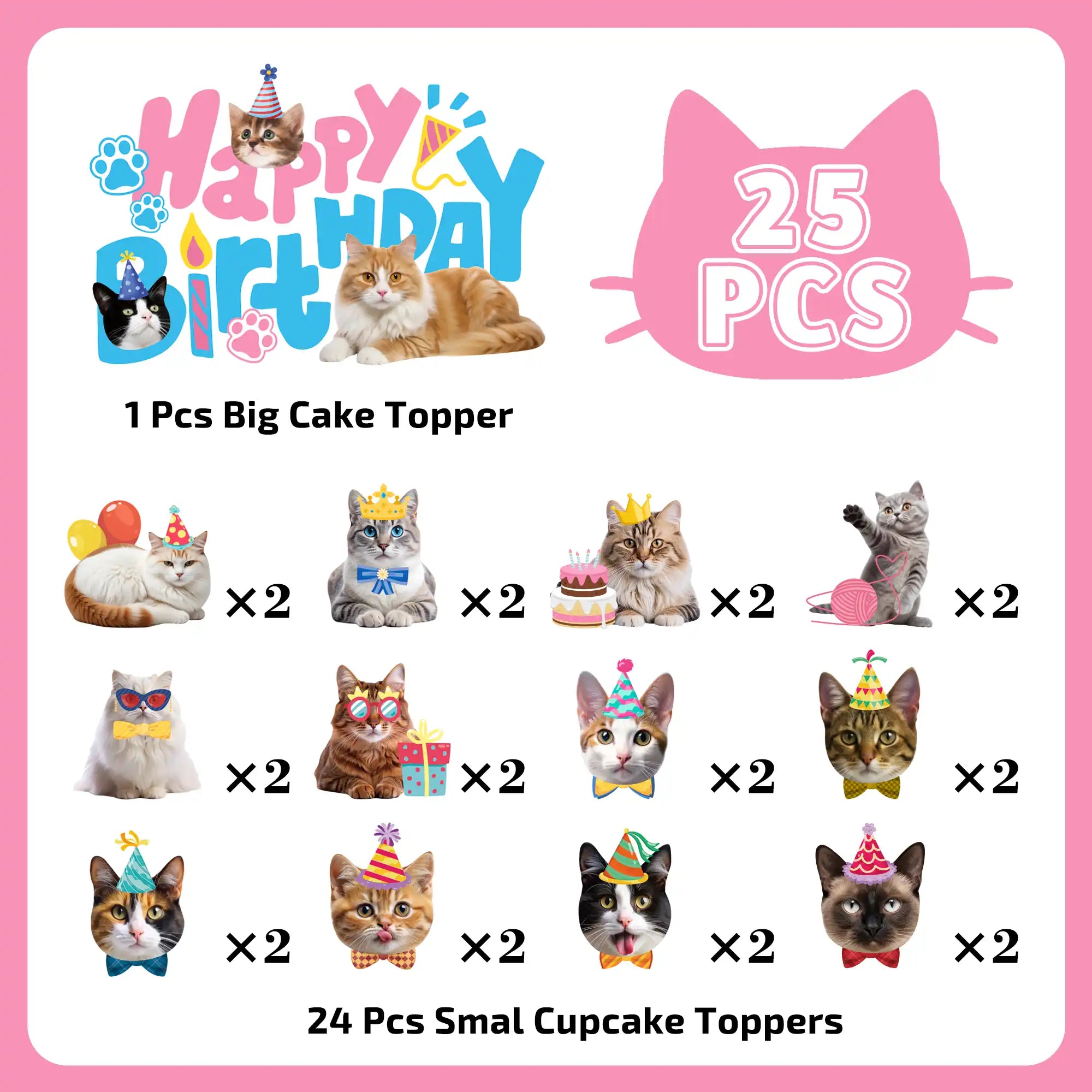 Cat Cake Toppers, 24 Pcs Cat Cupcake Toppers Kitten Theme Cupcake Topper + 1 Pcs Cat Birthday Cake Topper Cat Cake Decorations for Cat Birthday Decorations & Cat Party Decorations