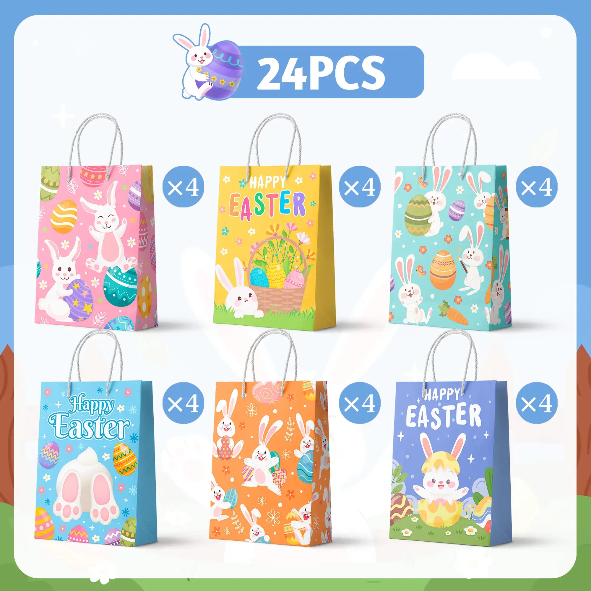 Easter Gifts Bags with Handles, 24 Pcs Easter Paper Treat Bags Easter Paper Handle Bags Easter Party Bags Easter Snack Paper Bags Easter Paper Lunch Bags, for Bunny Birthday Decorations Supplies